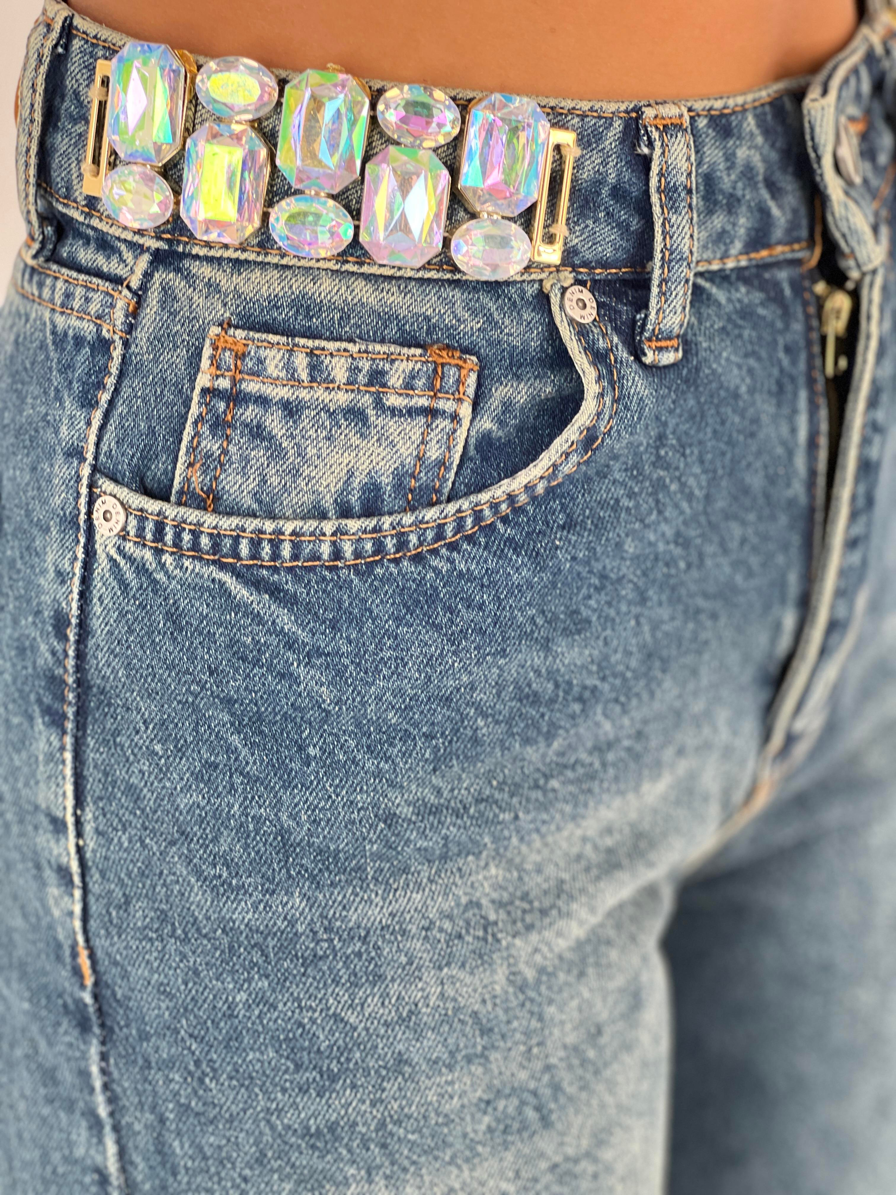 Kadın Taş Detaylı Yüksek Bel Jean Pantolon-75450-48