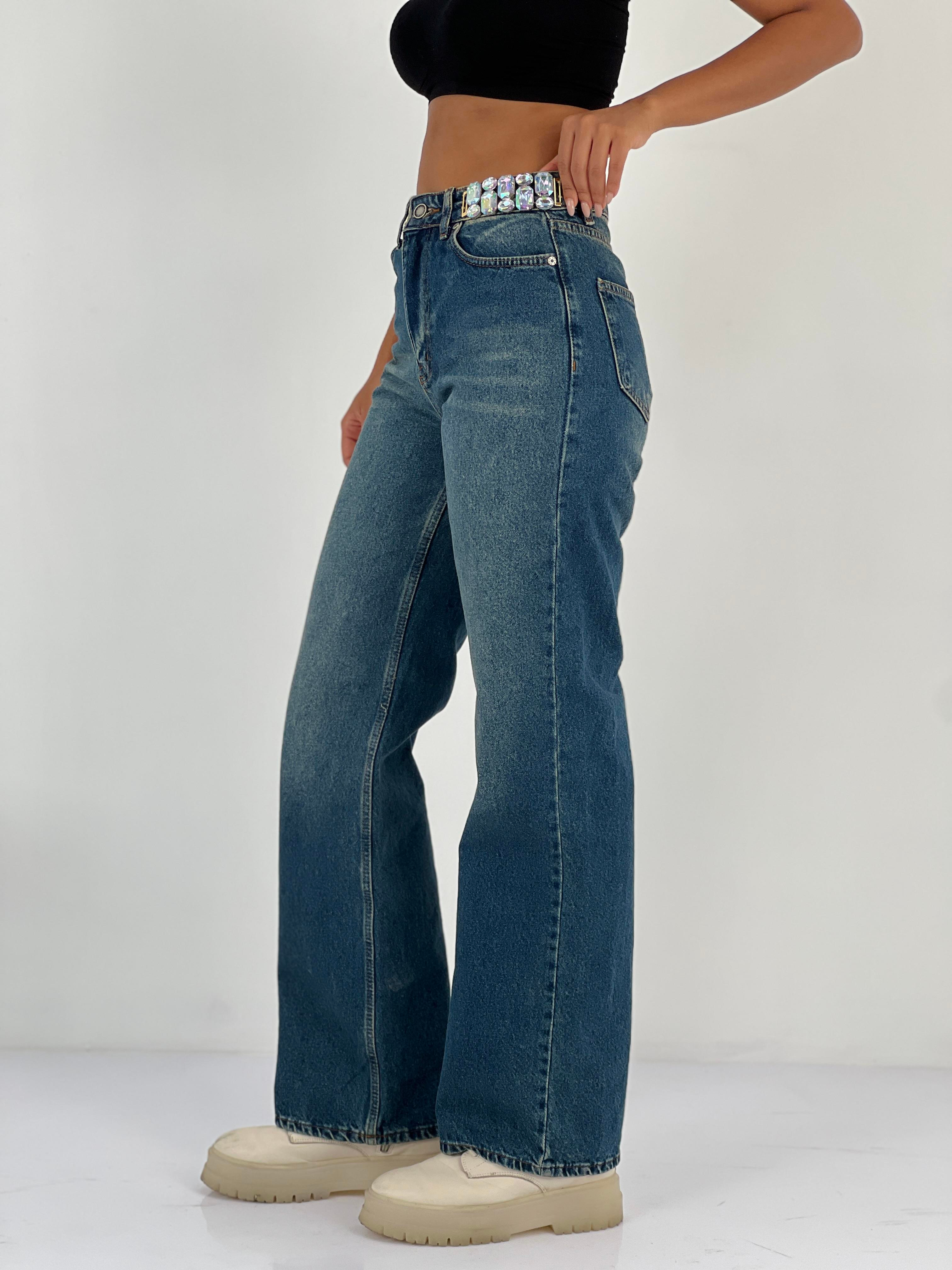 Kadın Taş Detaylı Yüksek Bel Jean Pantolon-75450-48