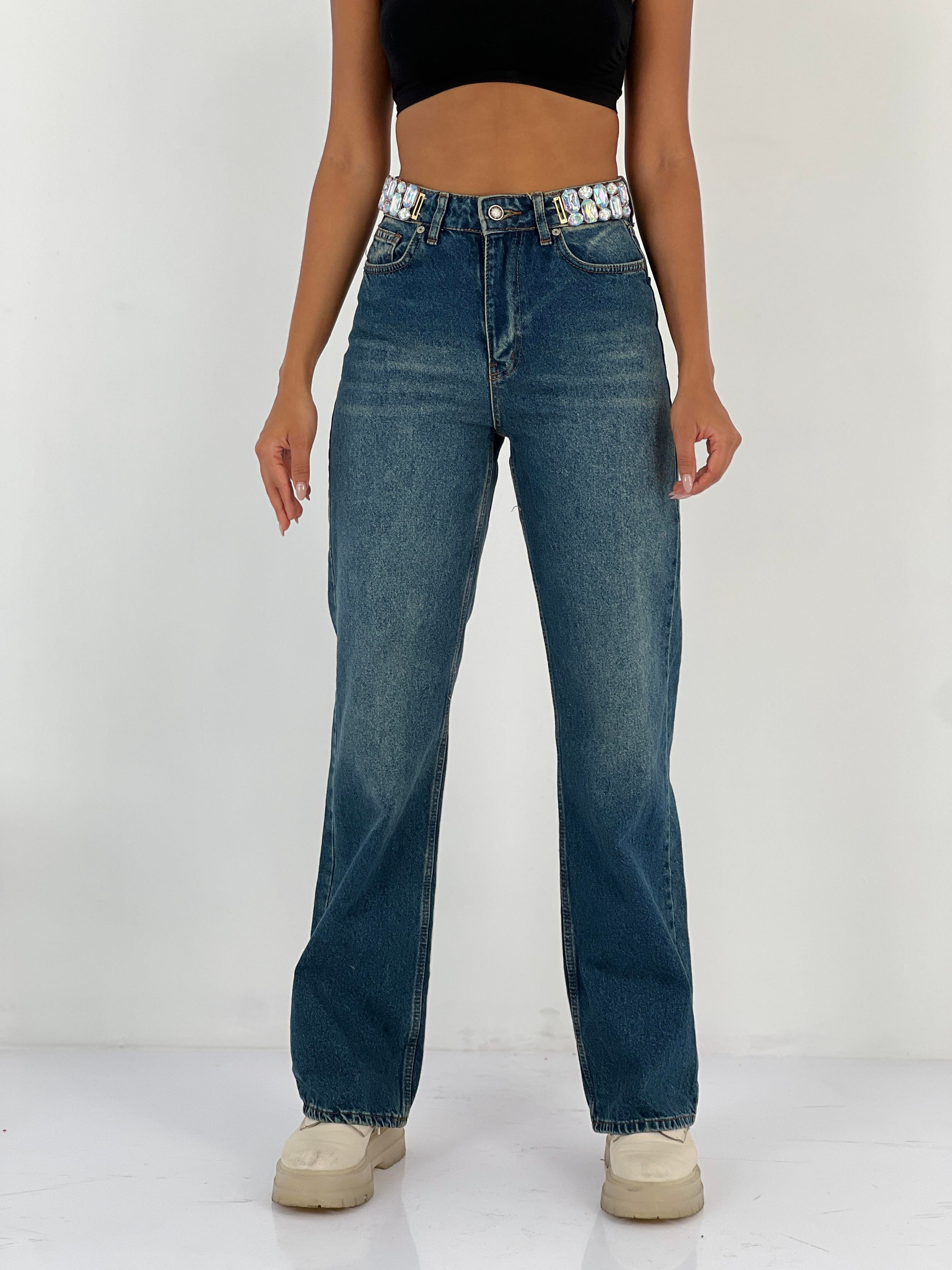 Kadın Taş Detaylı Yüksek Bel Jean Pantolon-75450-48