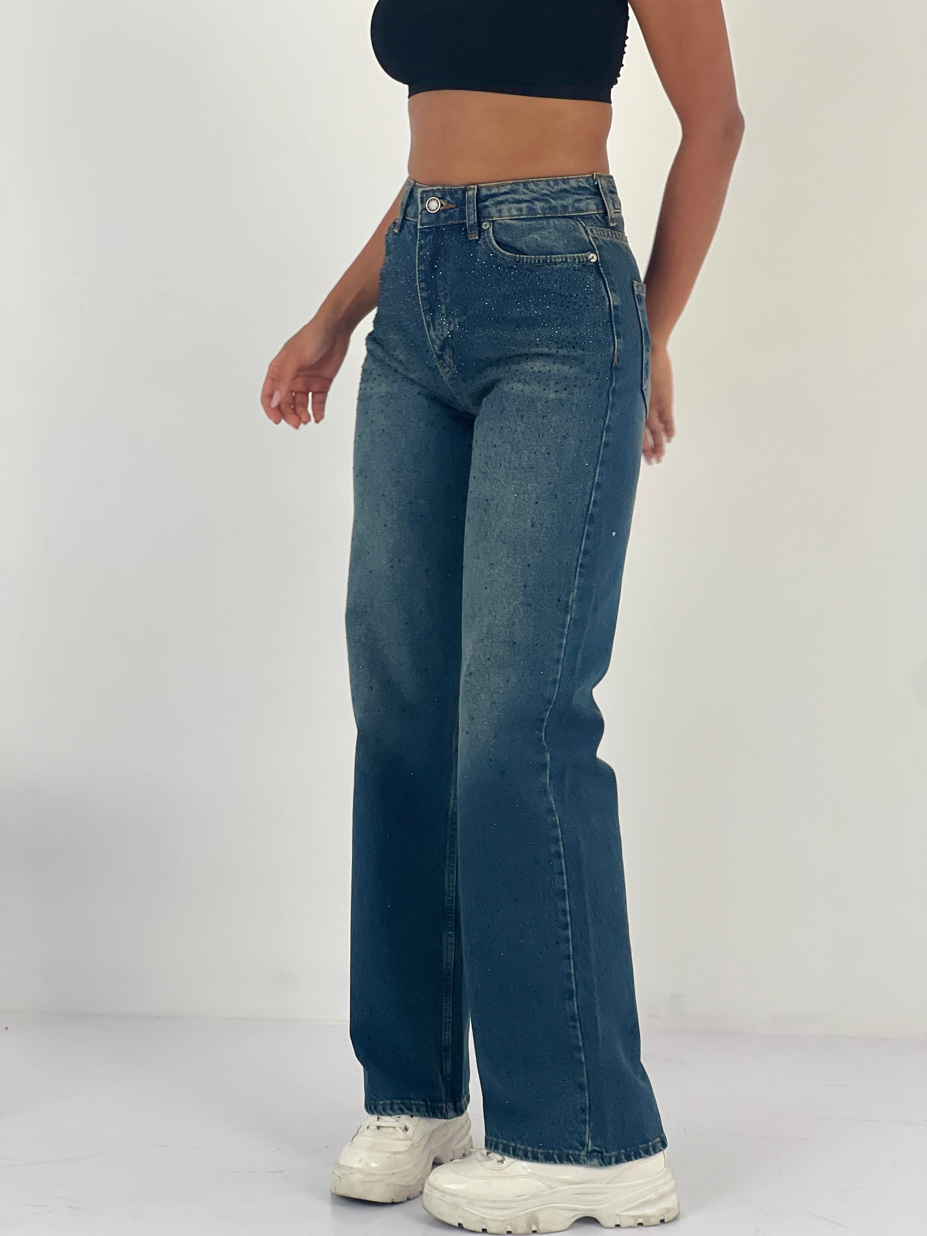 Kadın Taş İşlemeli Yüksek Bel Jean Pantolon-75450-55