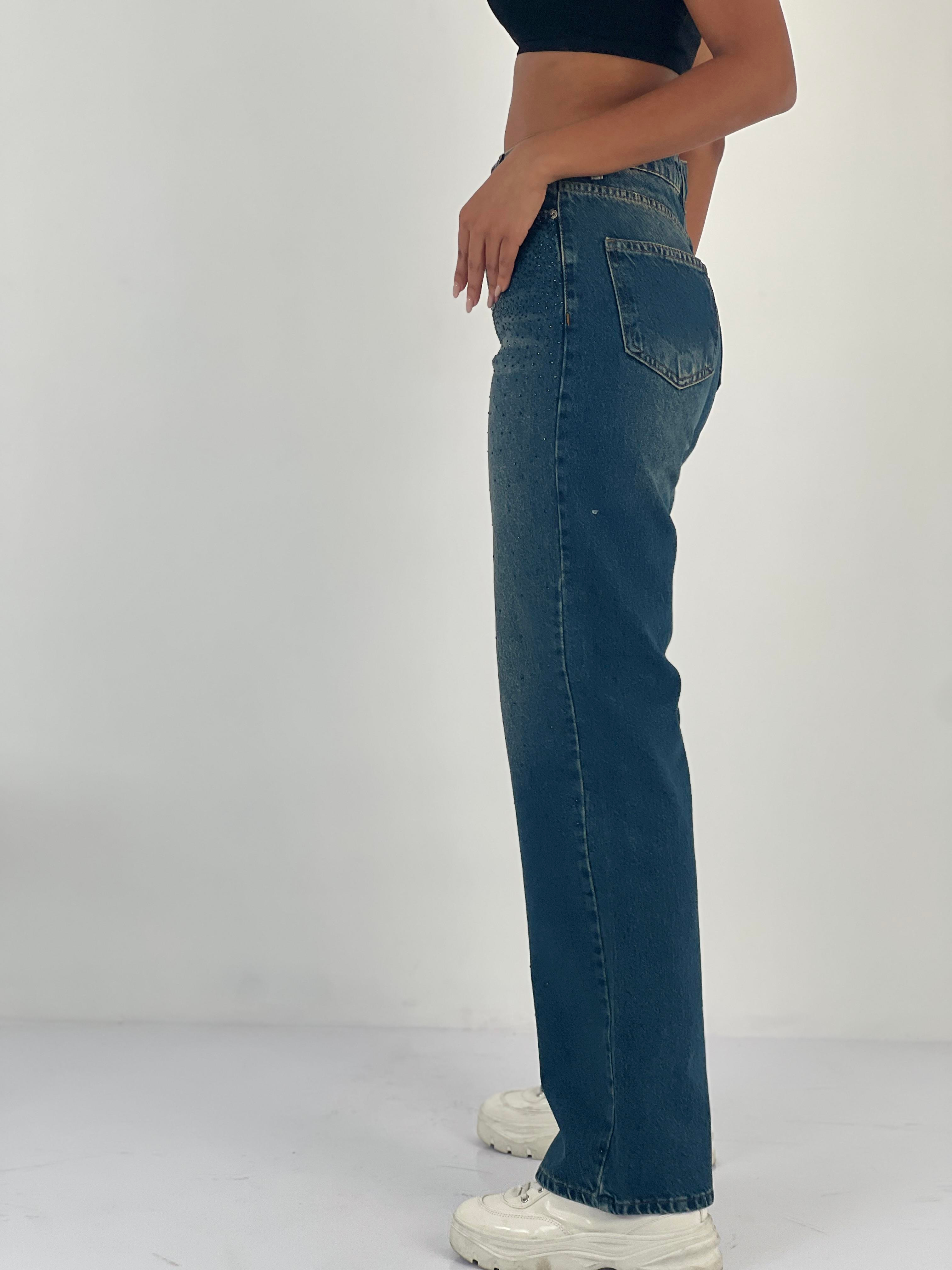 Kadın Taş İşlemeli Yüksek Bel Jean Pantolon-75450-55