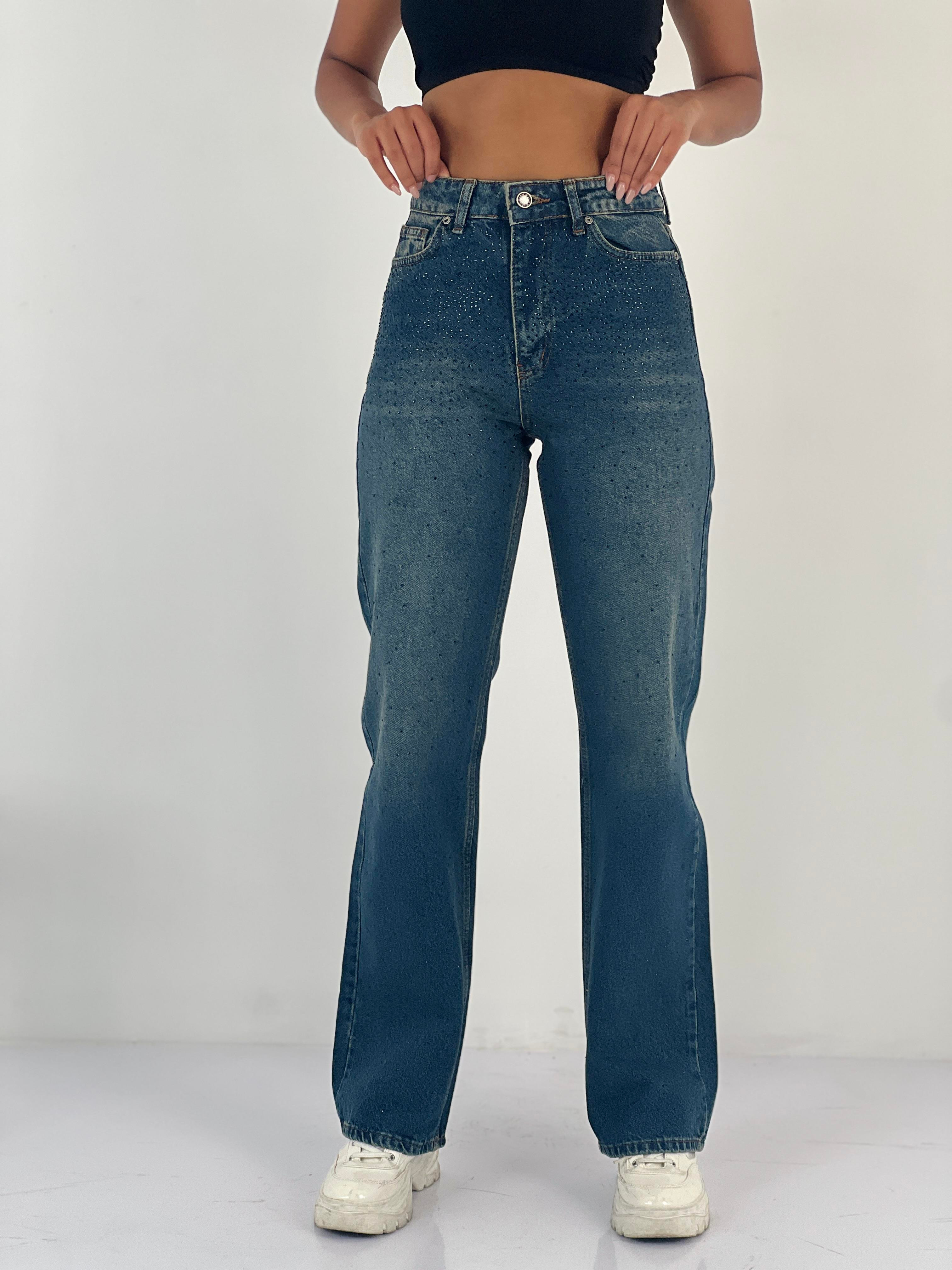 Kadın Taş İşlemeli Yüksek Bel Jean Pantolon-75450-55