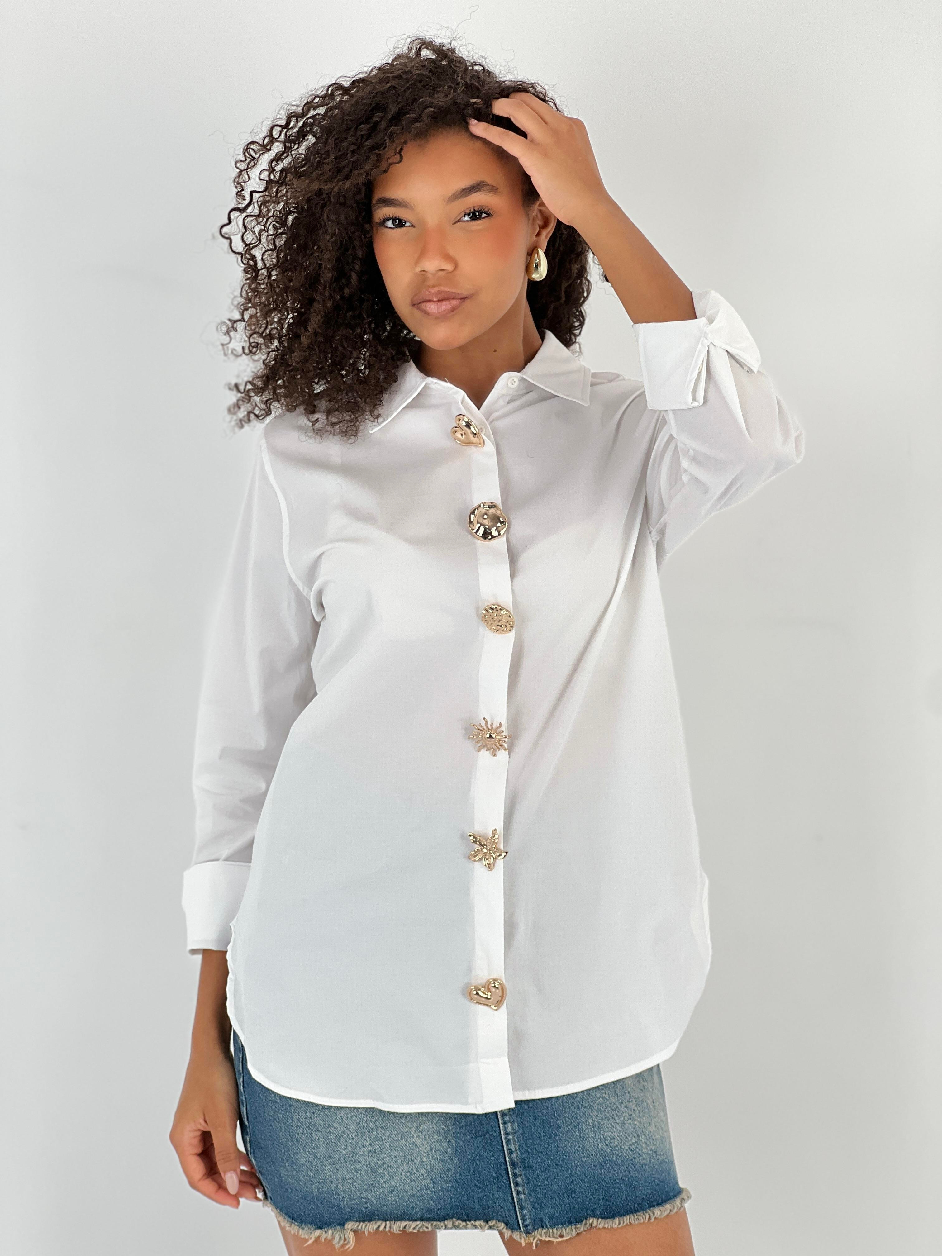 Kadın Tasarım Düğmeli Beyaz Gömlek-27328-X6