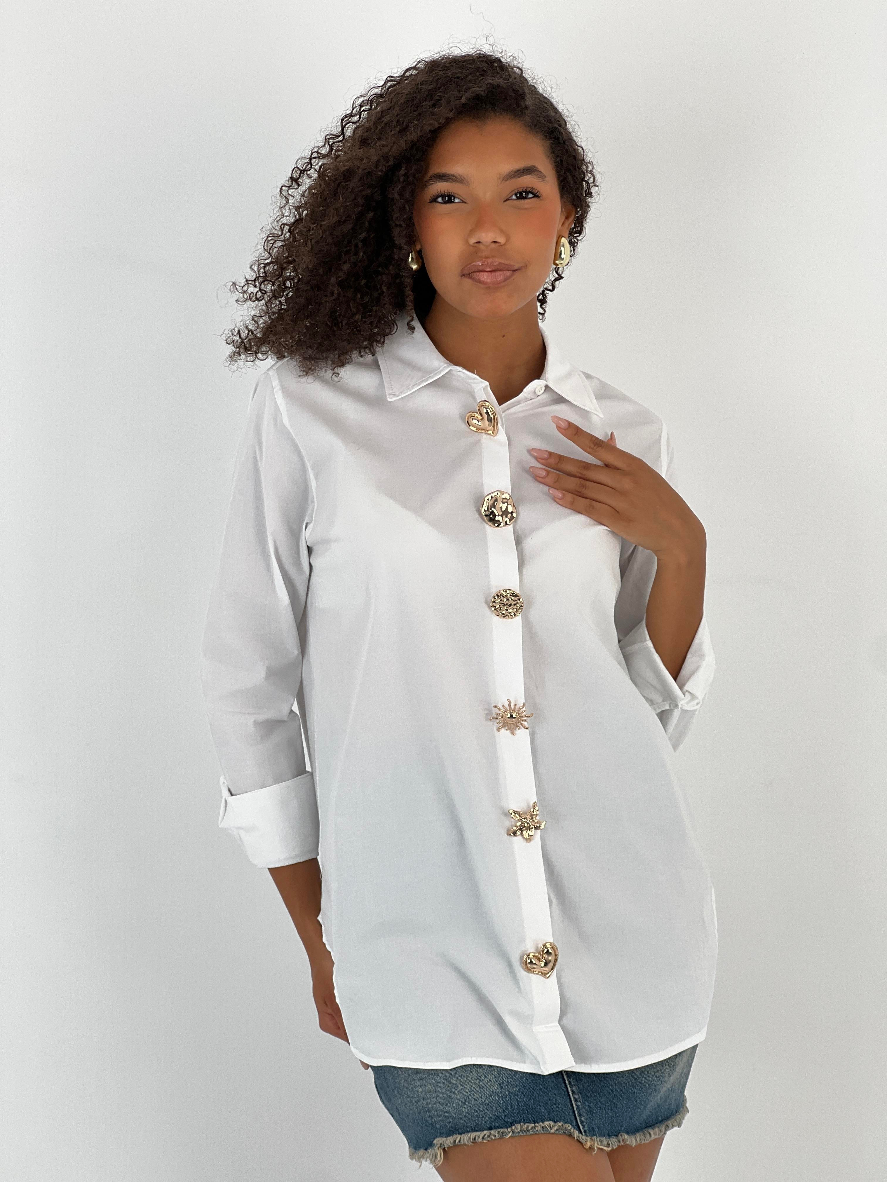 Kadın Tasarım Düğmeli Beyaz Gömlek-27328-X6