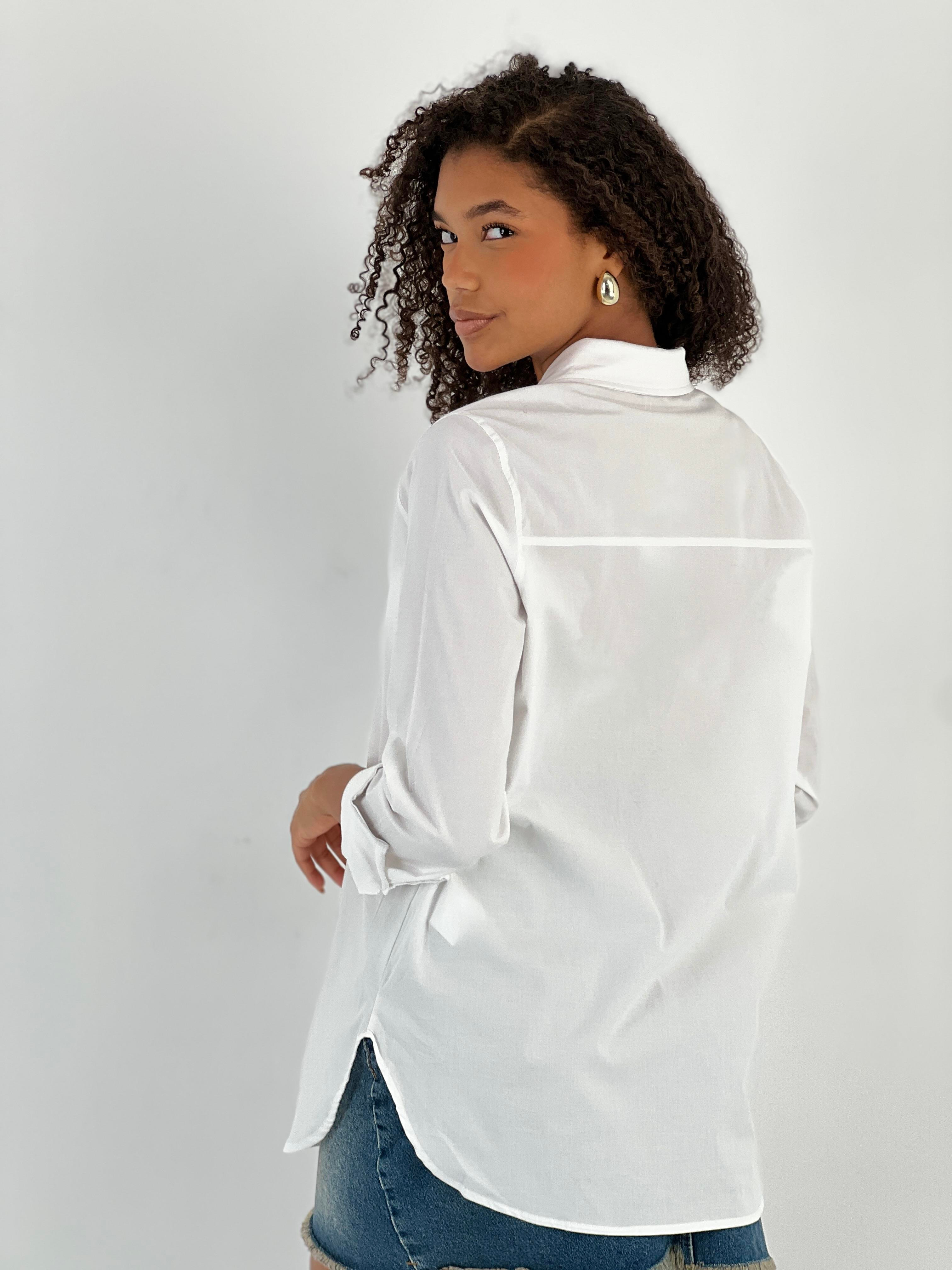 Kadın Tasarım Düğmeli Beyaz Gömlek-27328-X6