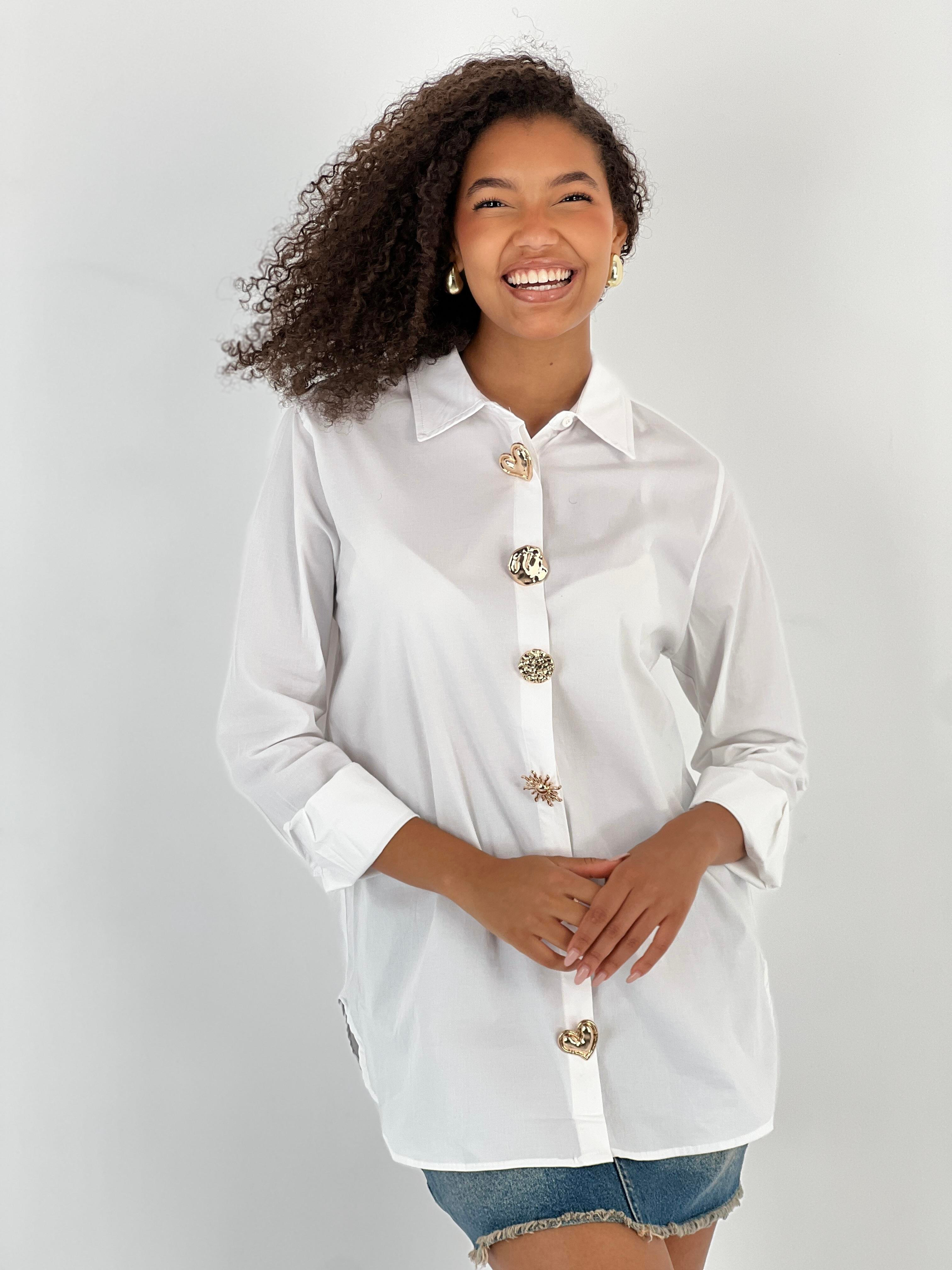 Kadın Tasarım Düğmeli Beyaz Gömlek-27328-X6