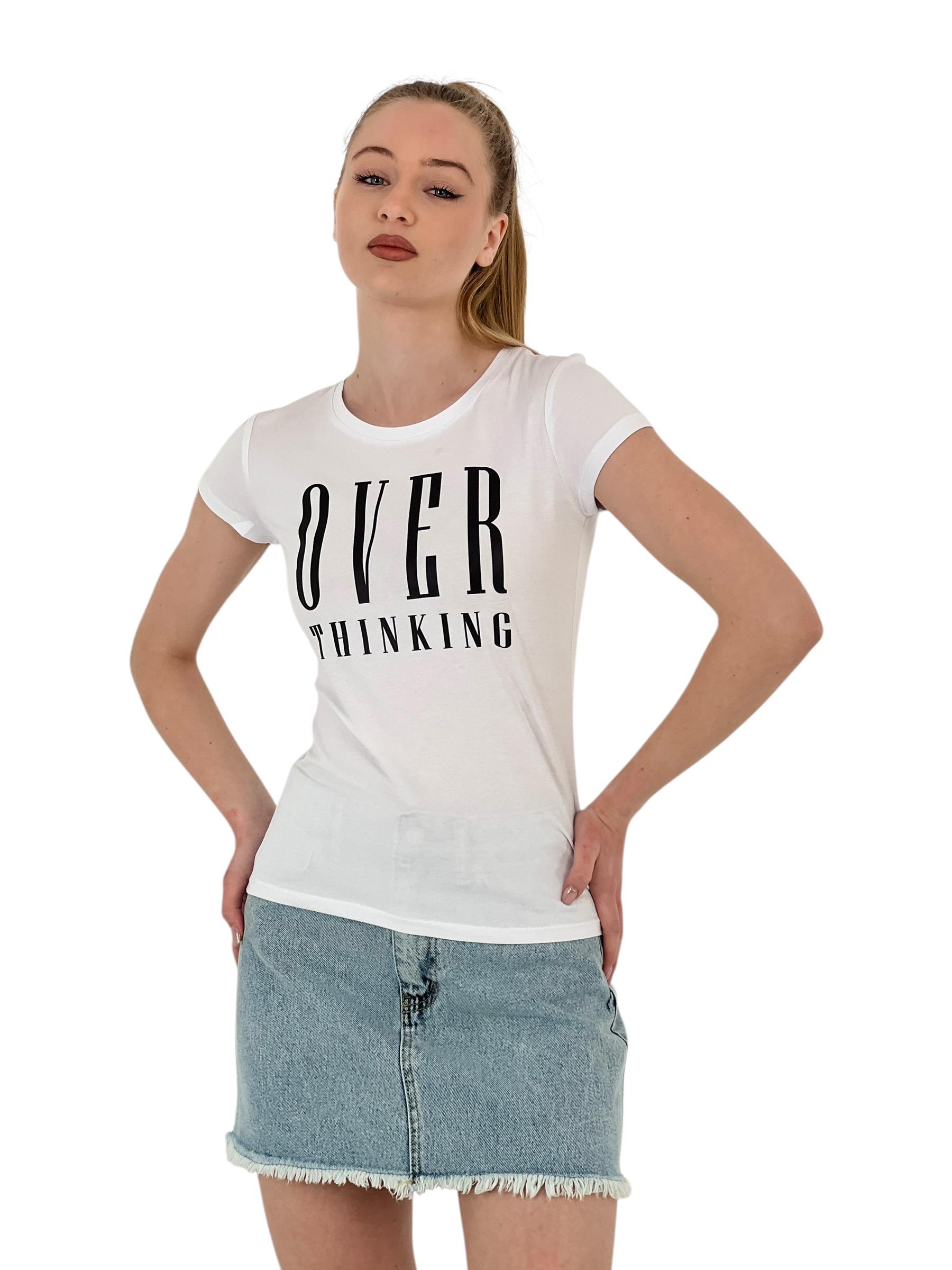 Kadın Thinking Baskılı Kısa Kollu Dar Fuşya Tişört-1551138