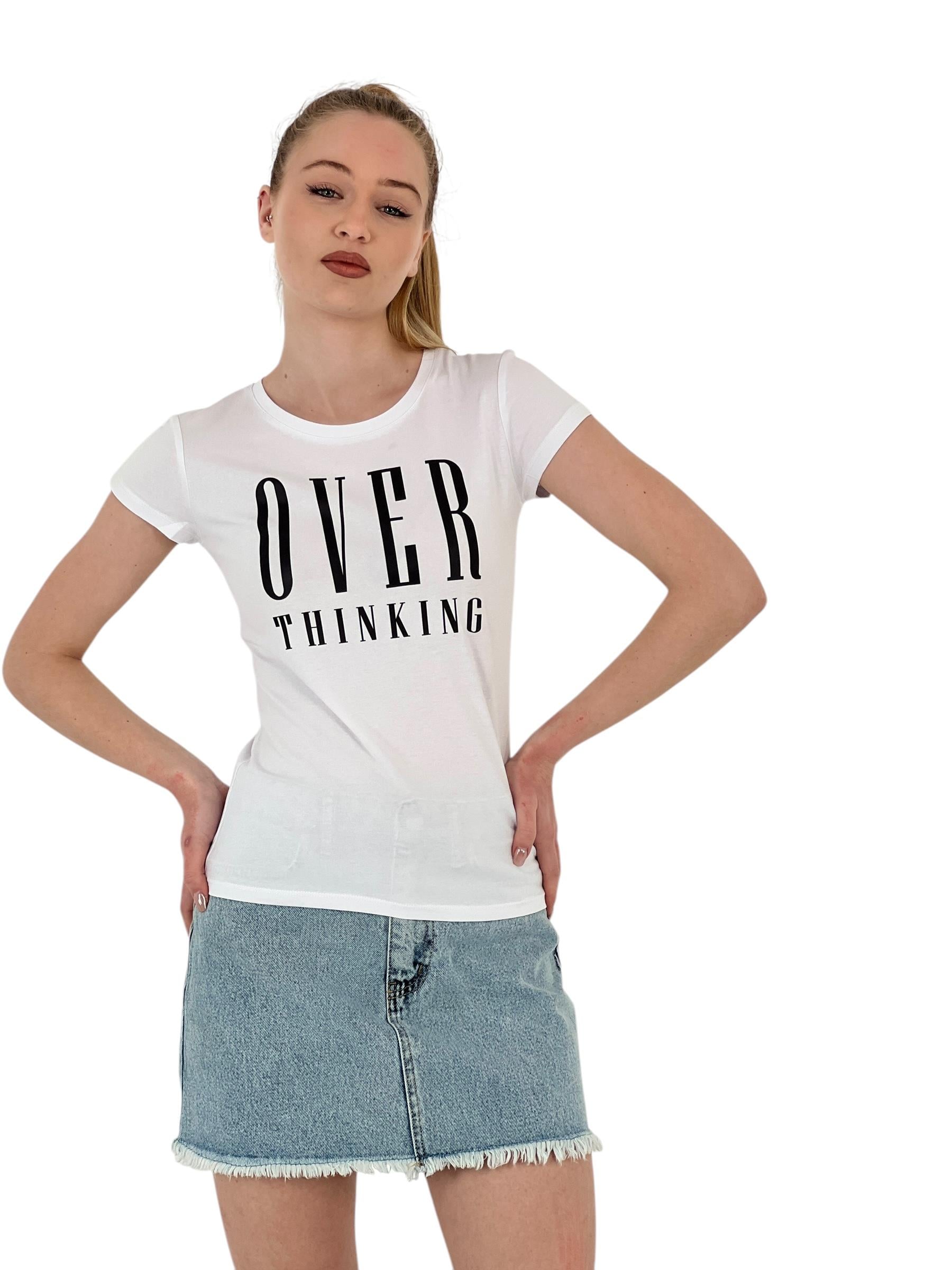Kadın Thinking Baskılı Kısa Kollu Dar Fuşya Tişört-1551138