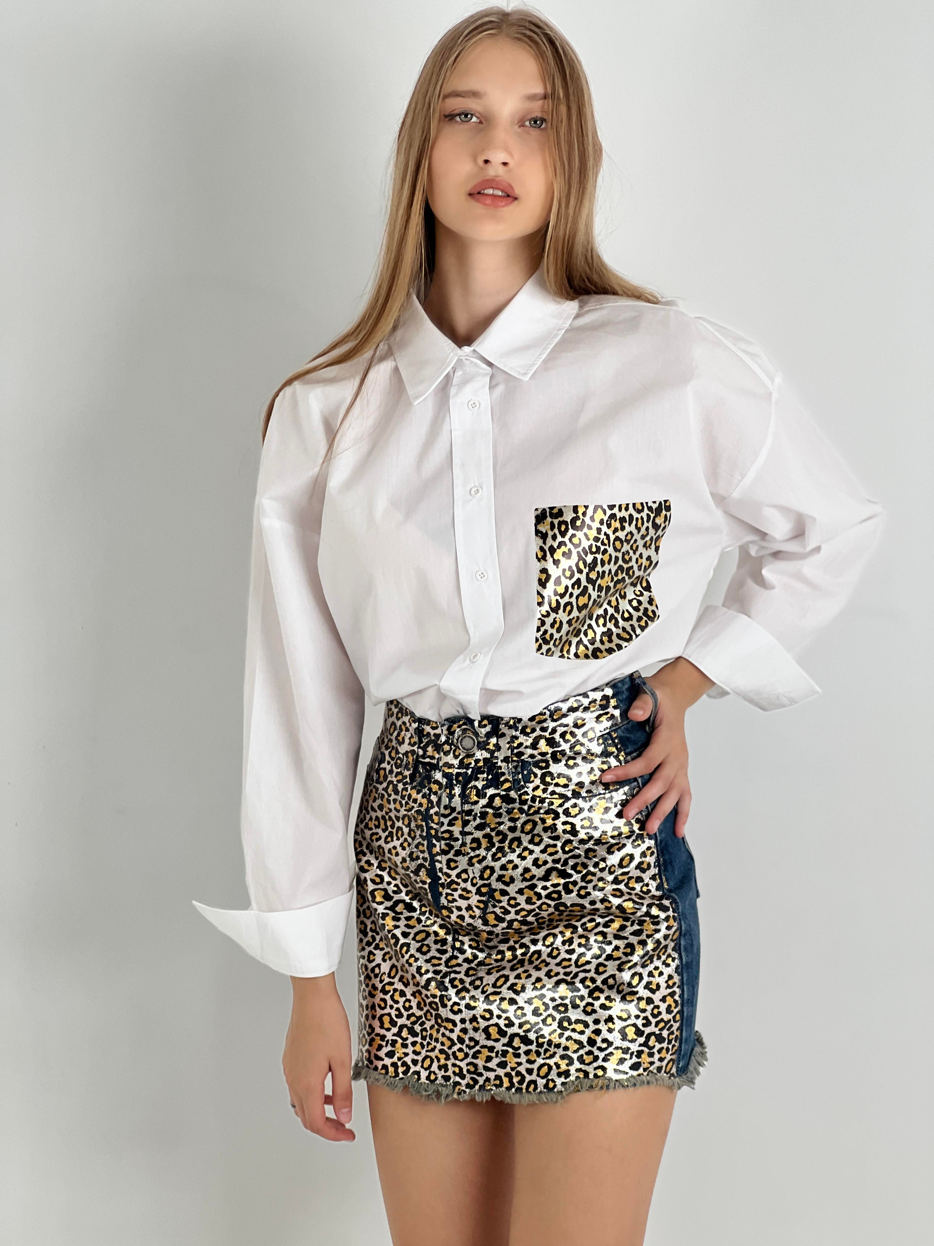 Kadın Tint Leopar Varak Baskılı Jean Etek-72764-11