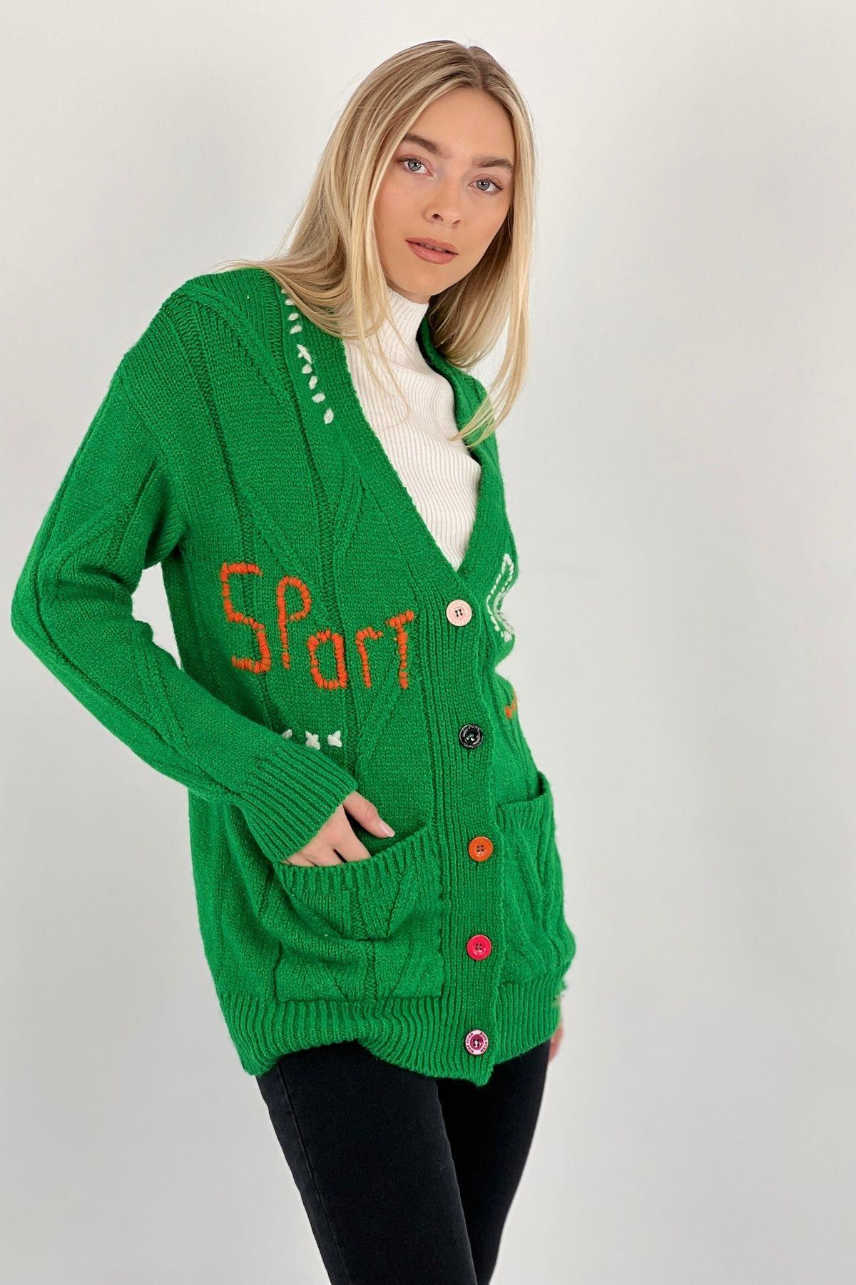 Kadın V Yaka Oversize Uzun Kollu Basic Düğmeli Pudra  Triko Hırka-32990