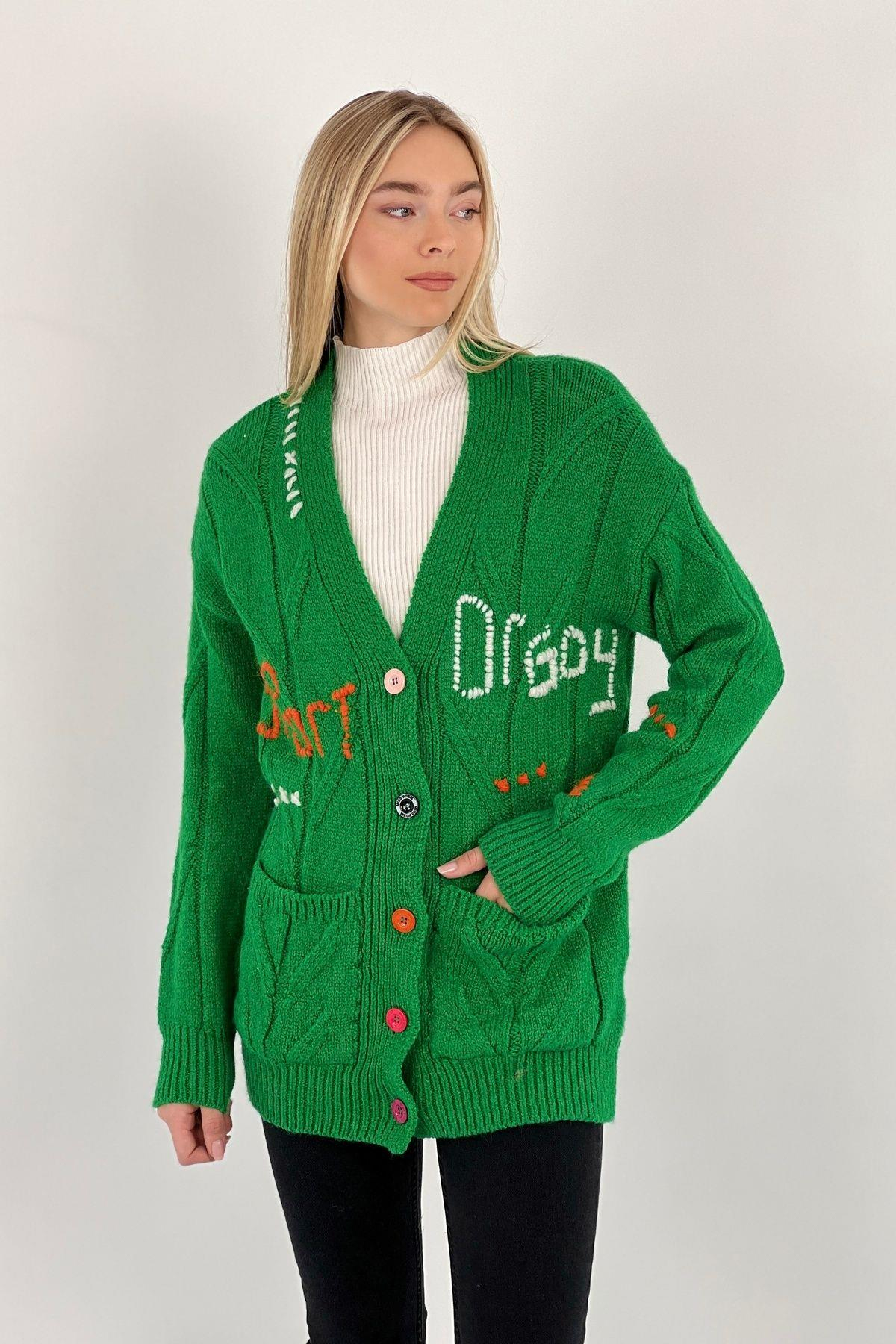 Kadın V Yaka Oversize Uzun Kollu Basic Düğmeli Pudra  Triko Hırka-32990