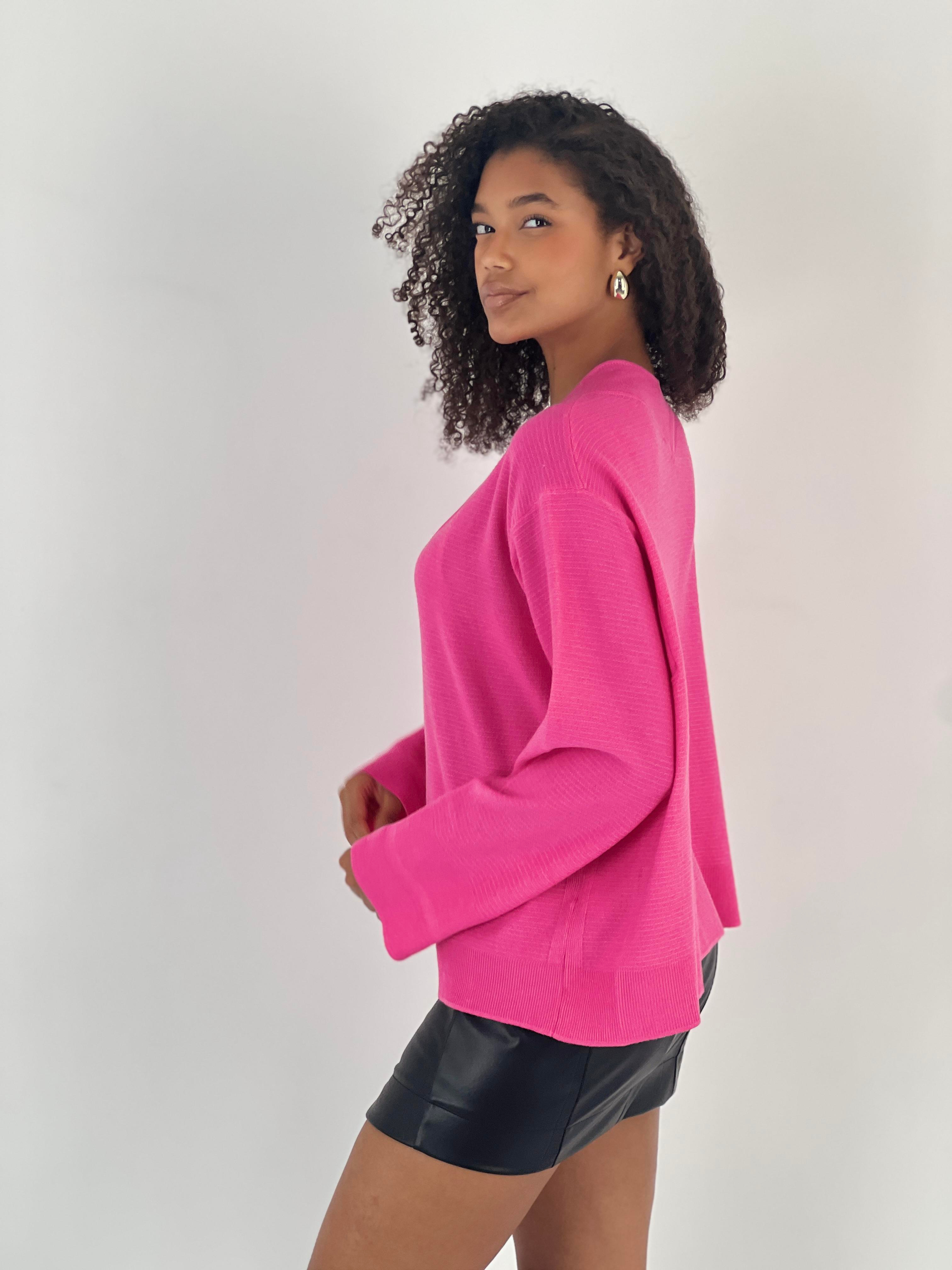 Kadın V Yaka Pembe Triko Kazak-34524