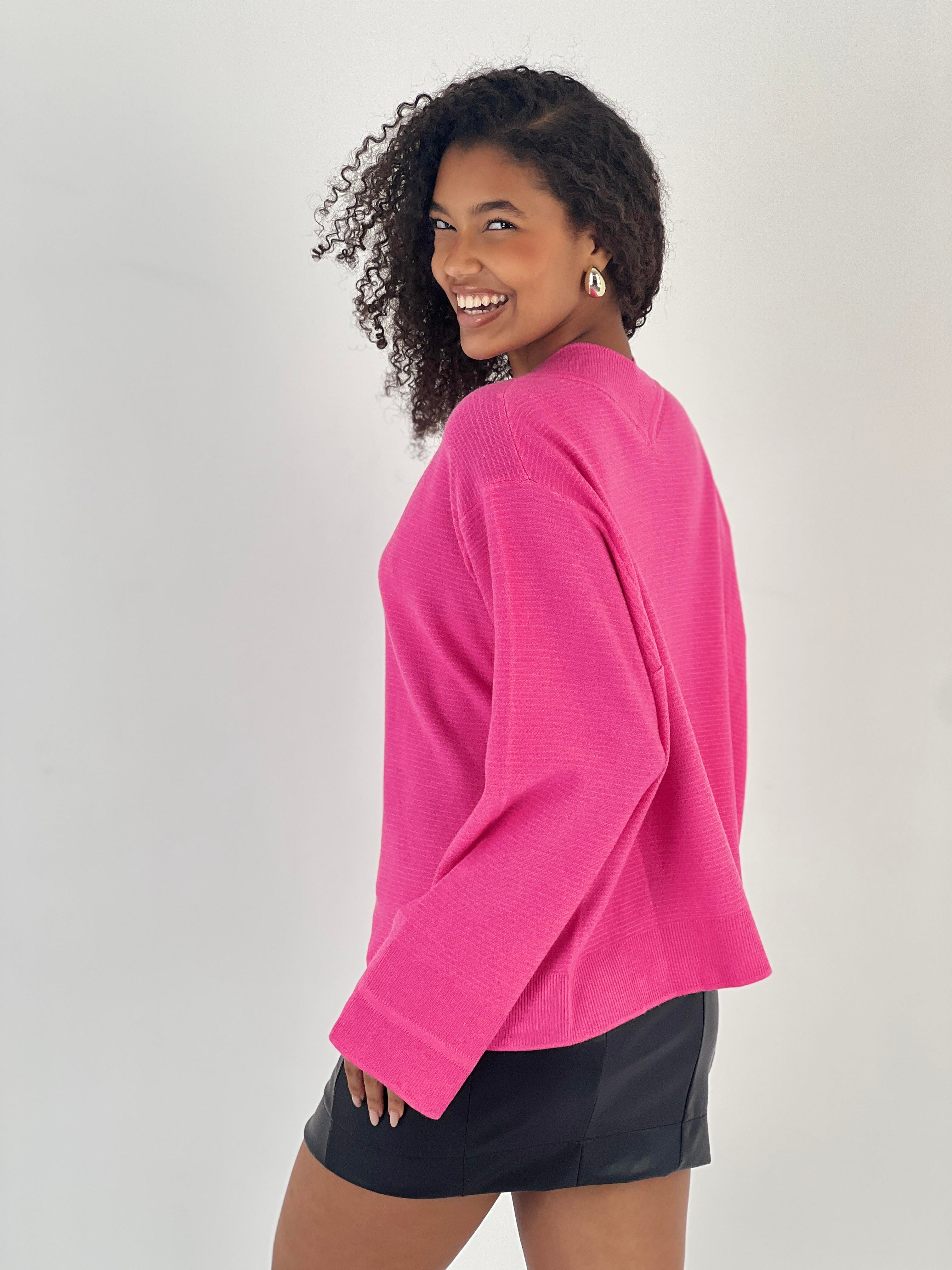 Kadın V Yaka Pembe Triko Kazak-34524