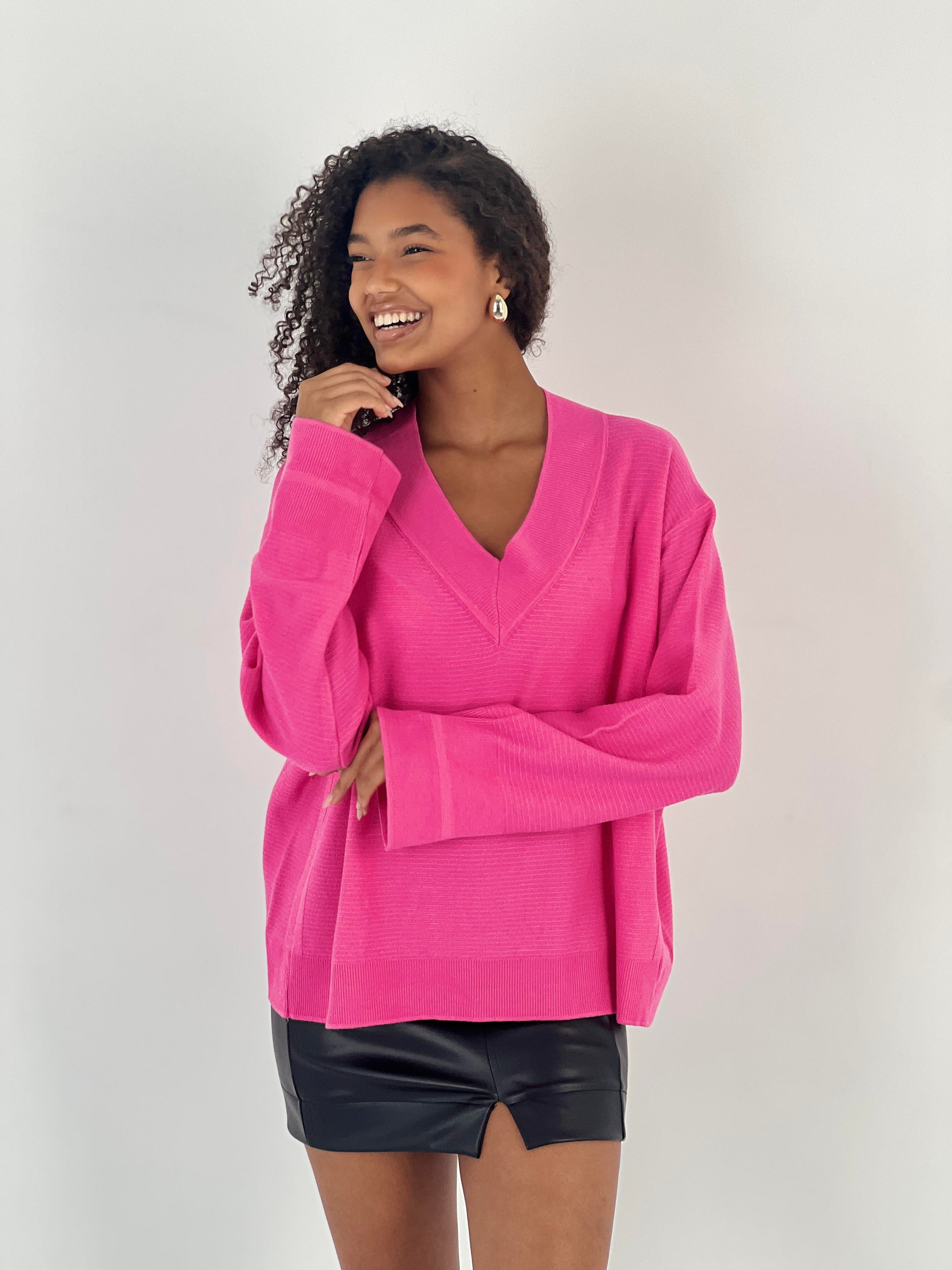 Kadın V Yaka Pembe Triko Kazak-34524