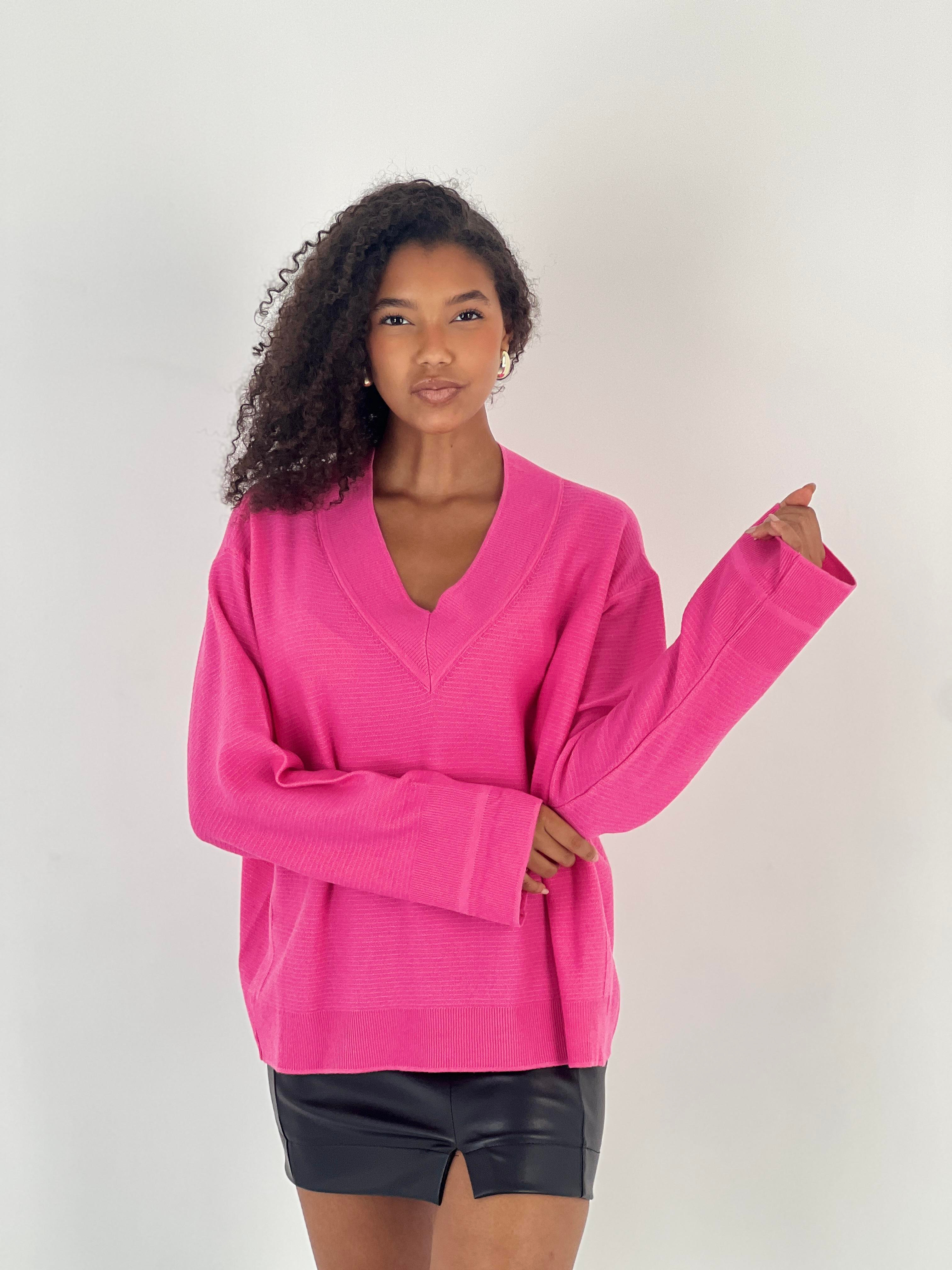 Kadın V Yaka Pembe Triko Kazak-34524