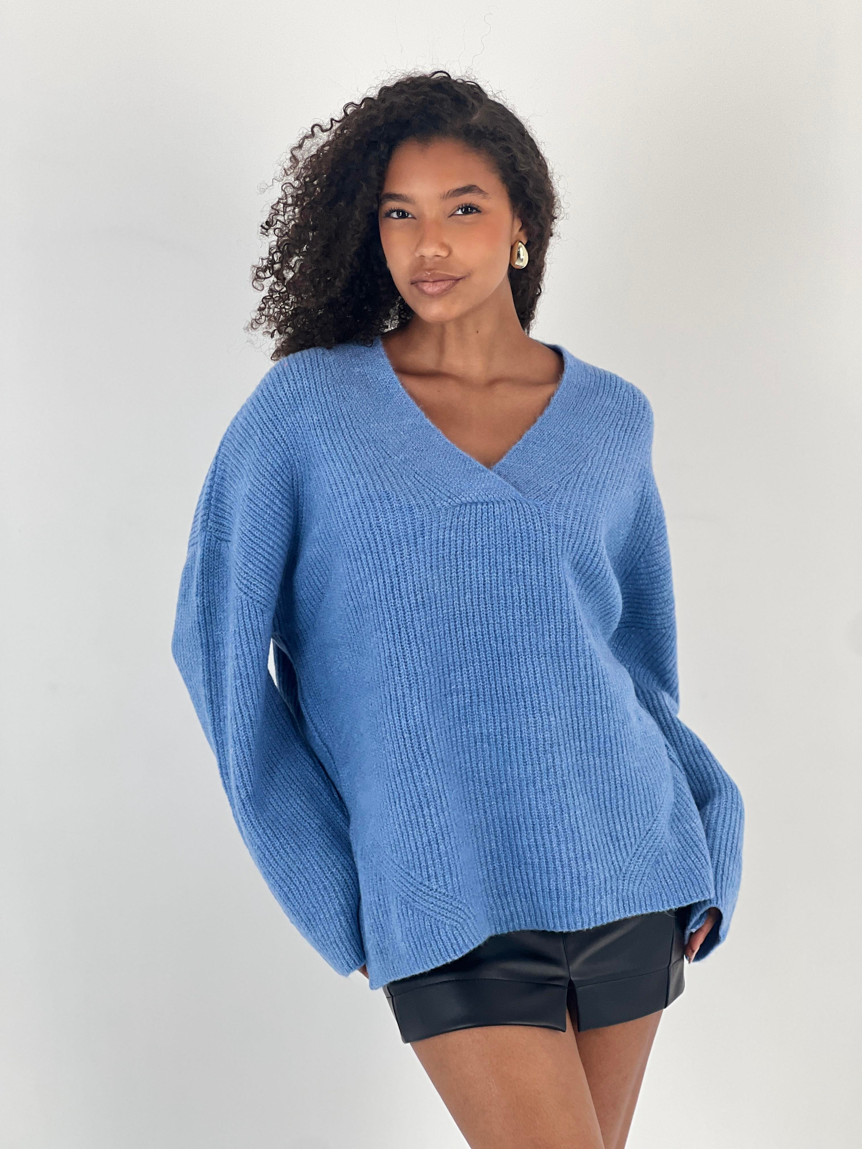 Kadın V Yaka Yarasa Kol Mavi Triko-34533