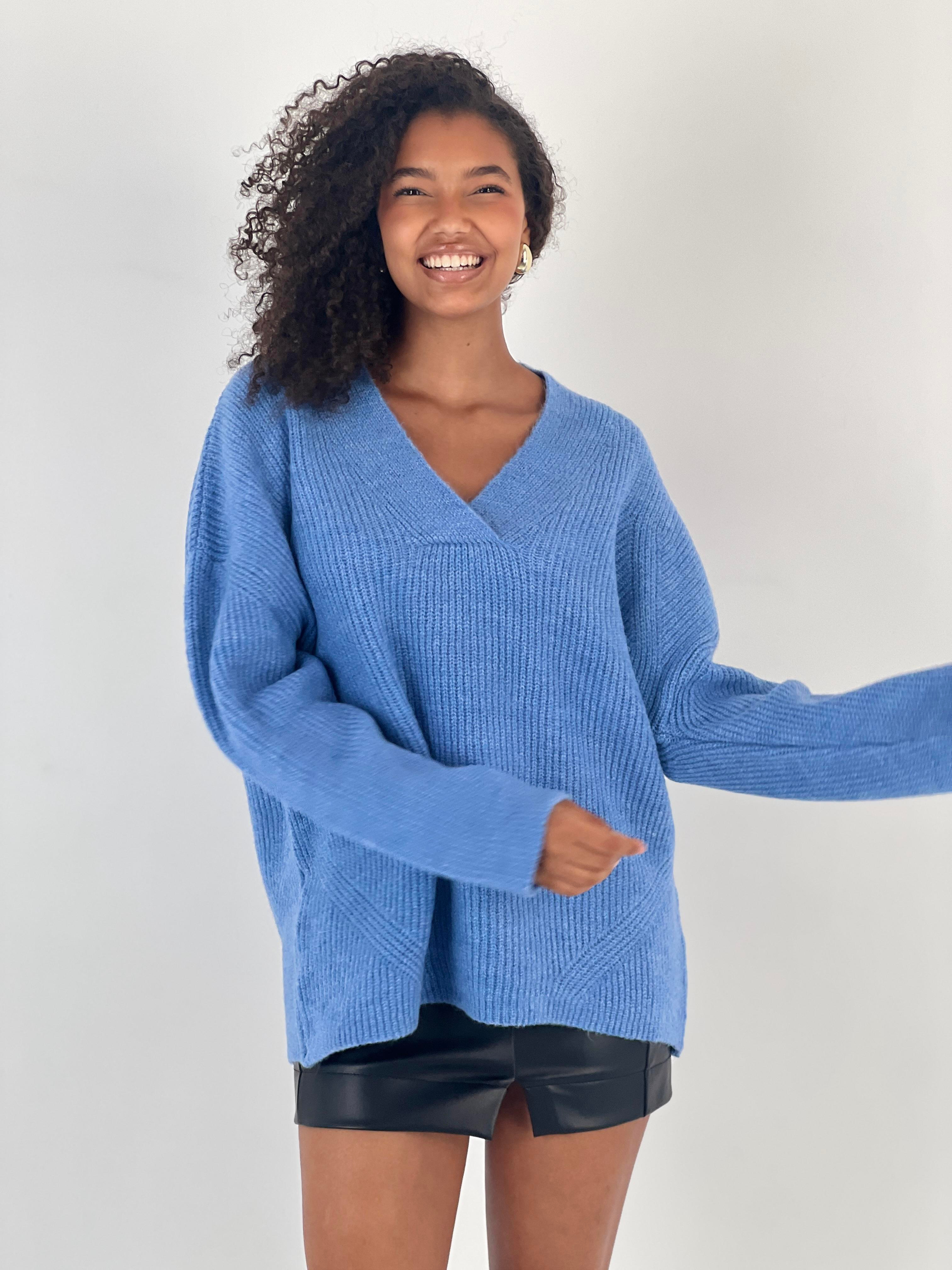 Kadın V Yaka Yarasa Kol Mavi Triko-34533