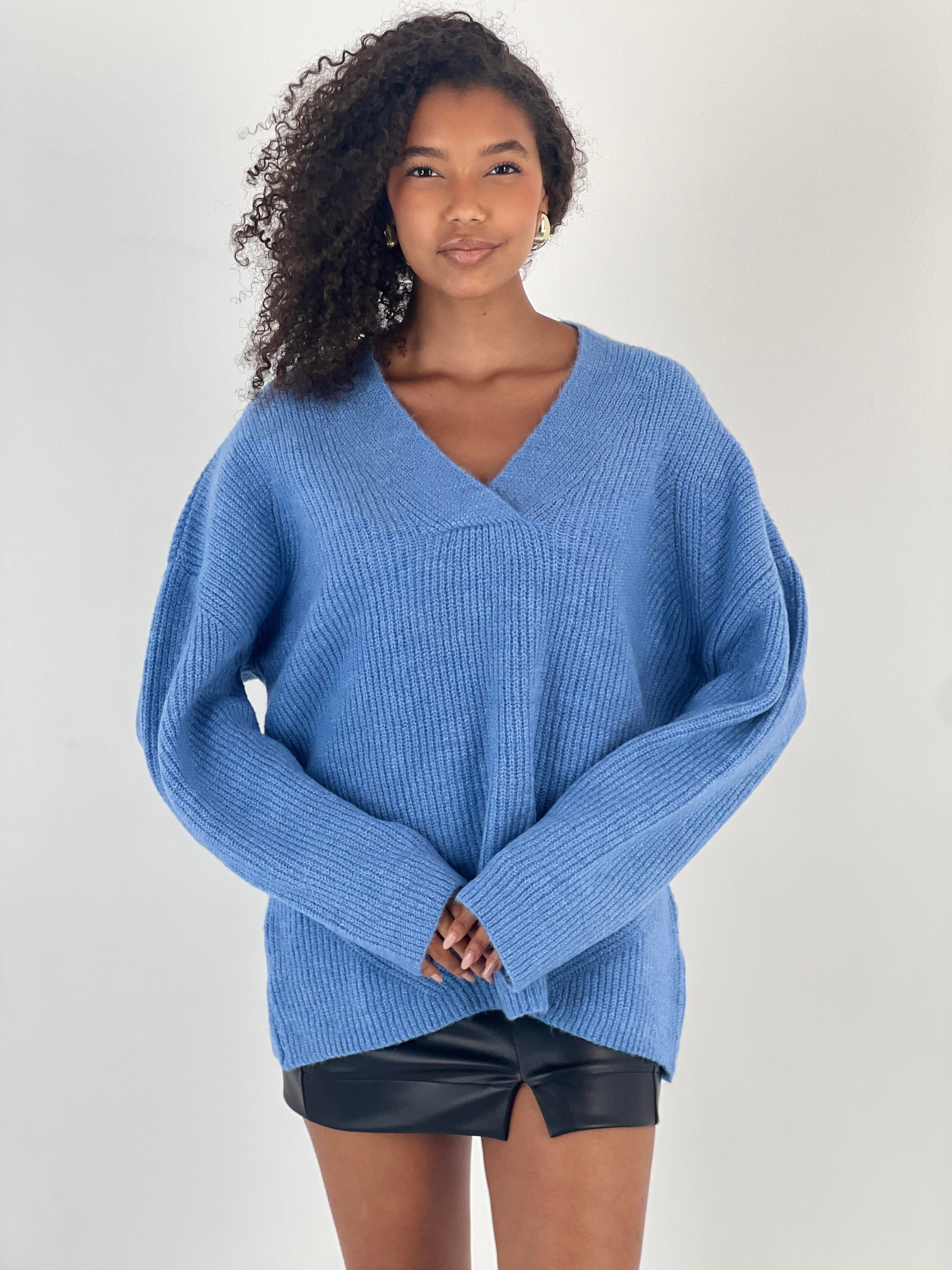 Kadın V Yaka Yarasa Kol Mavi Triko-34533