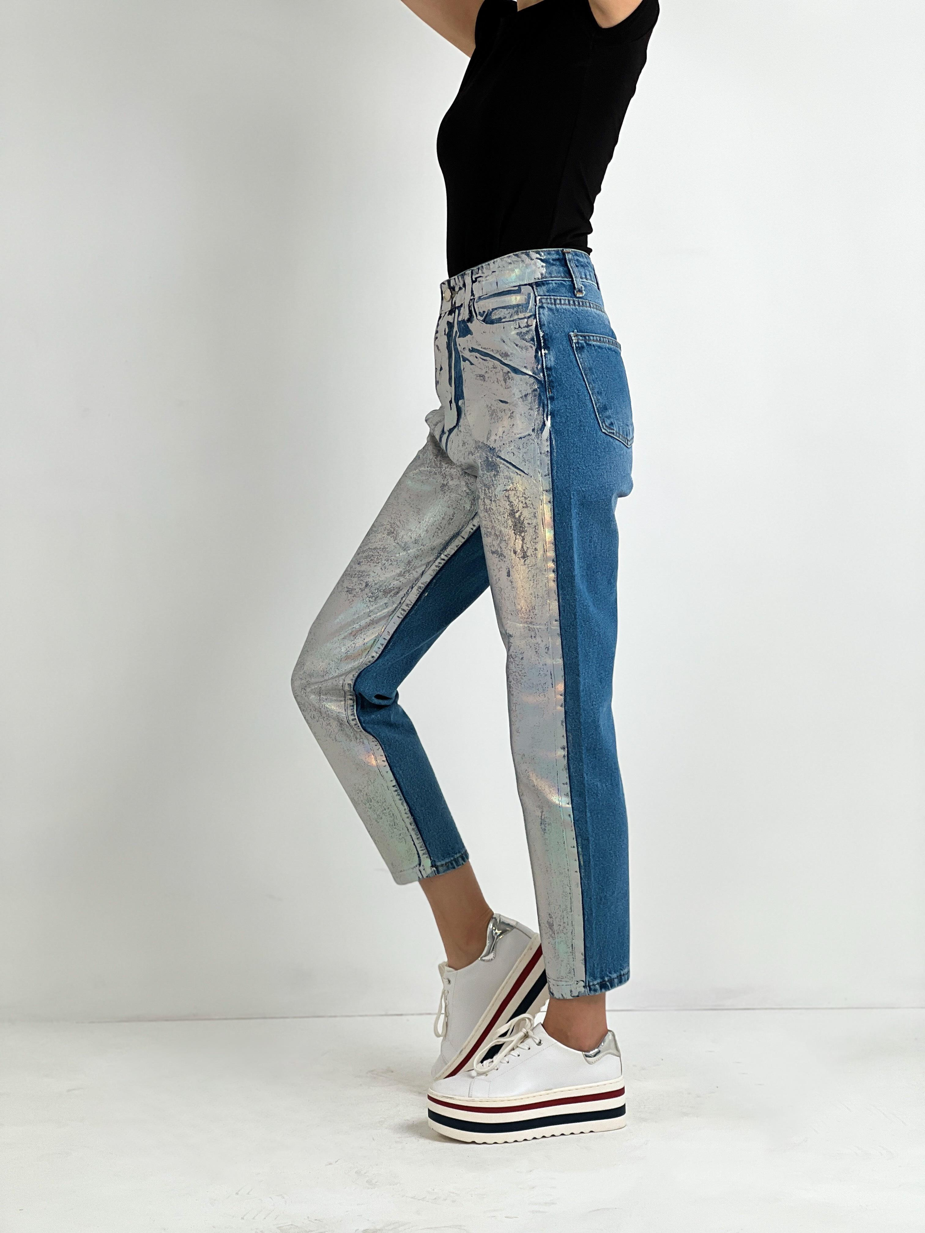 Kadın Varak Baskılı Mom Jean - Mavi-72738-19