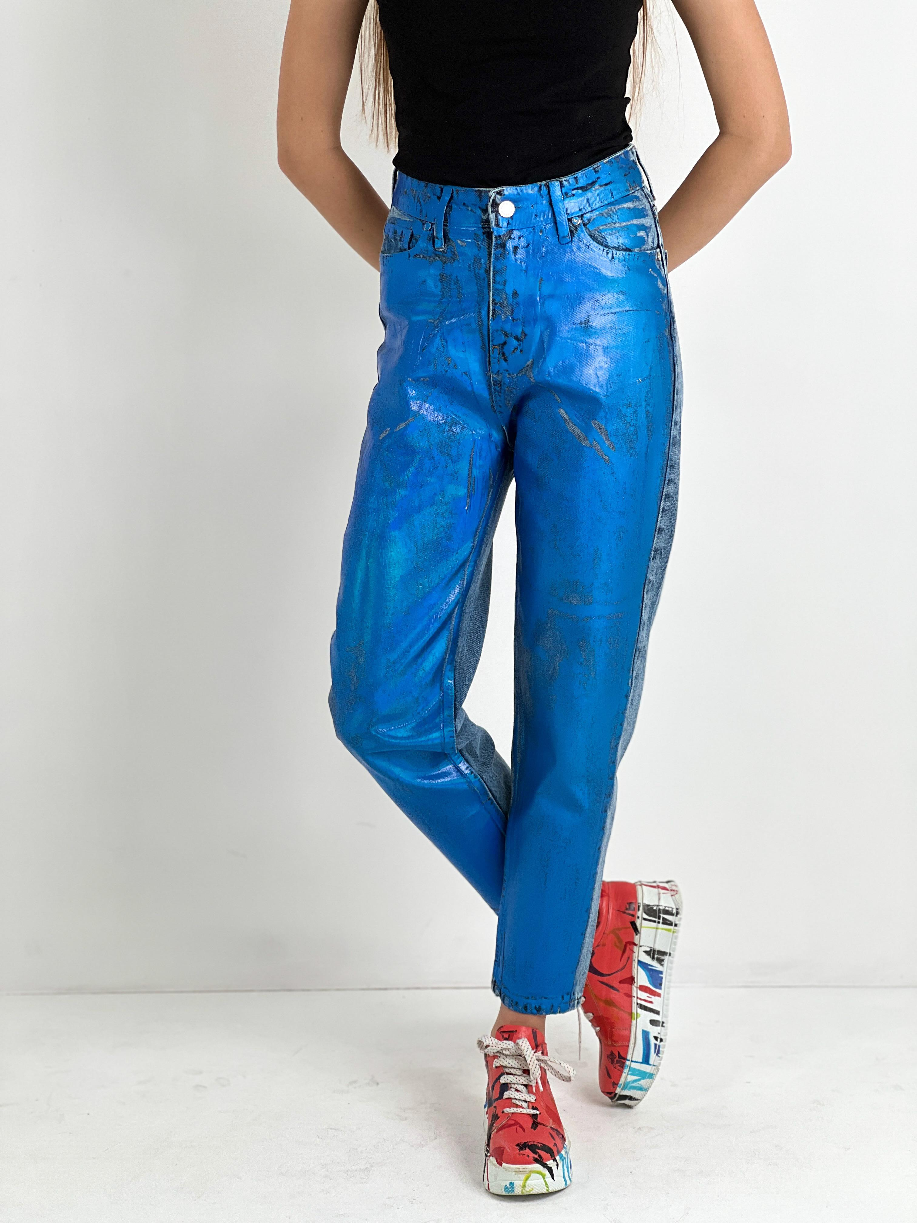 Kadın Varak Baskılı Mom Jean - Mavi-72738-19