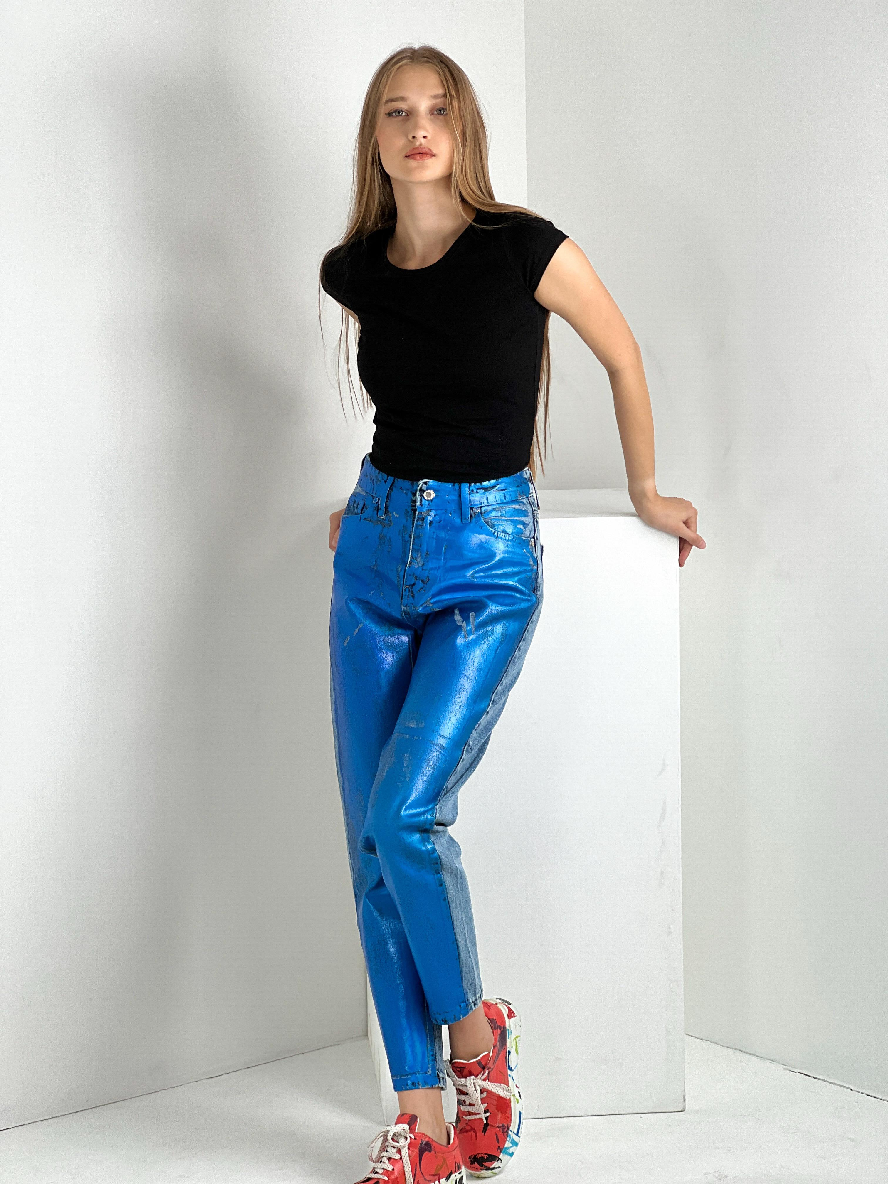 Kadın Varak Baskılı Mom Jean - Mavi-72738-19