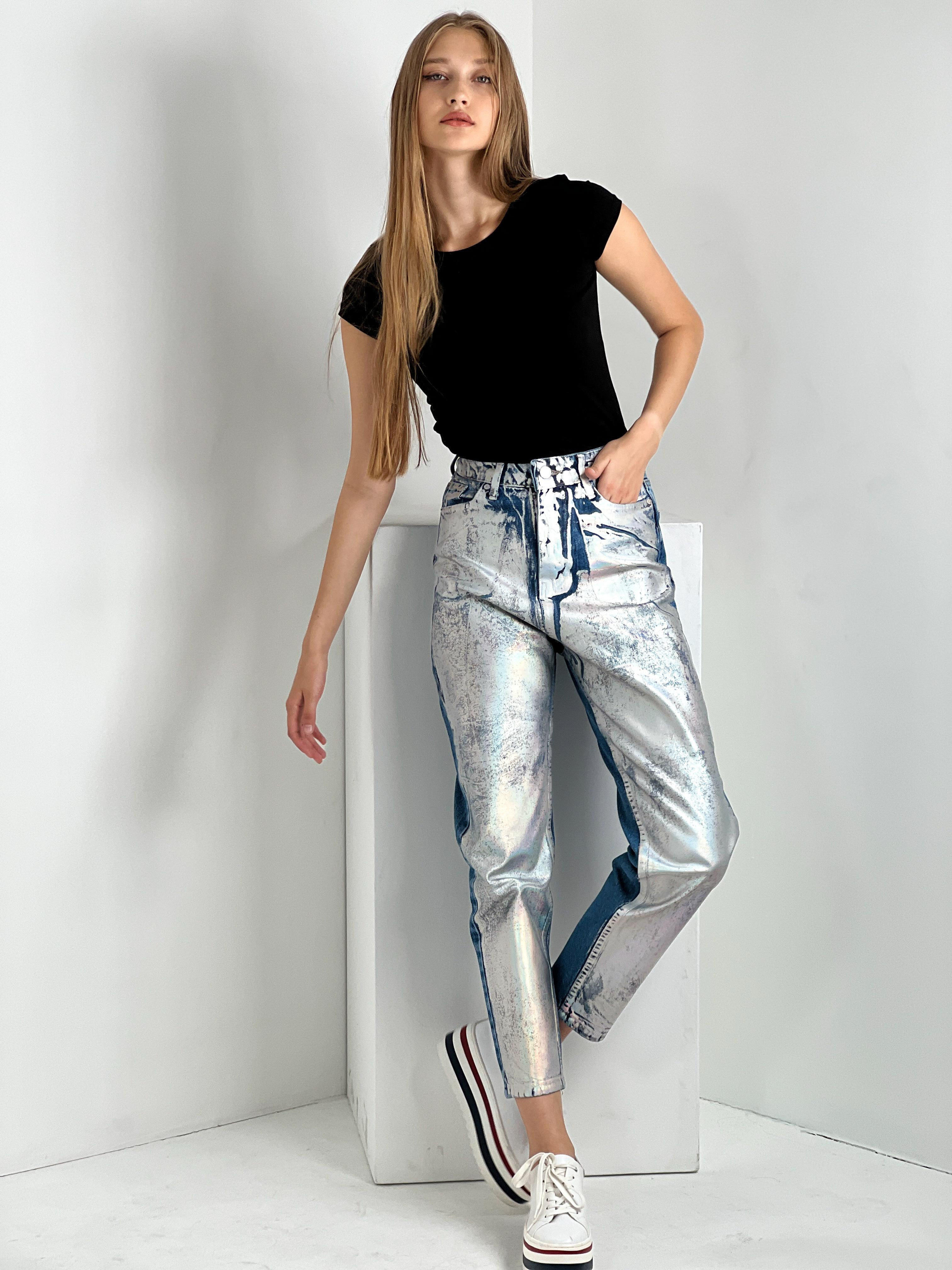 Kadın Varak Baskılı Mom Jean - Mavi-72738-19