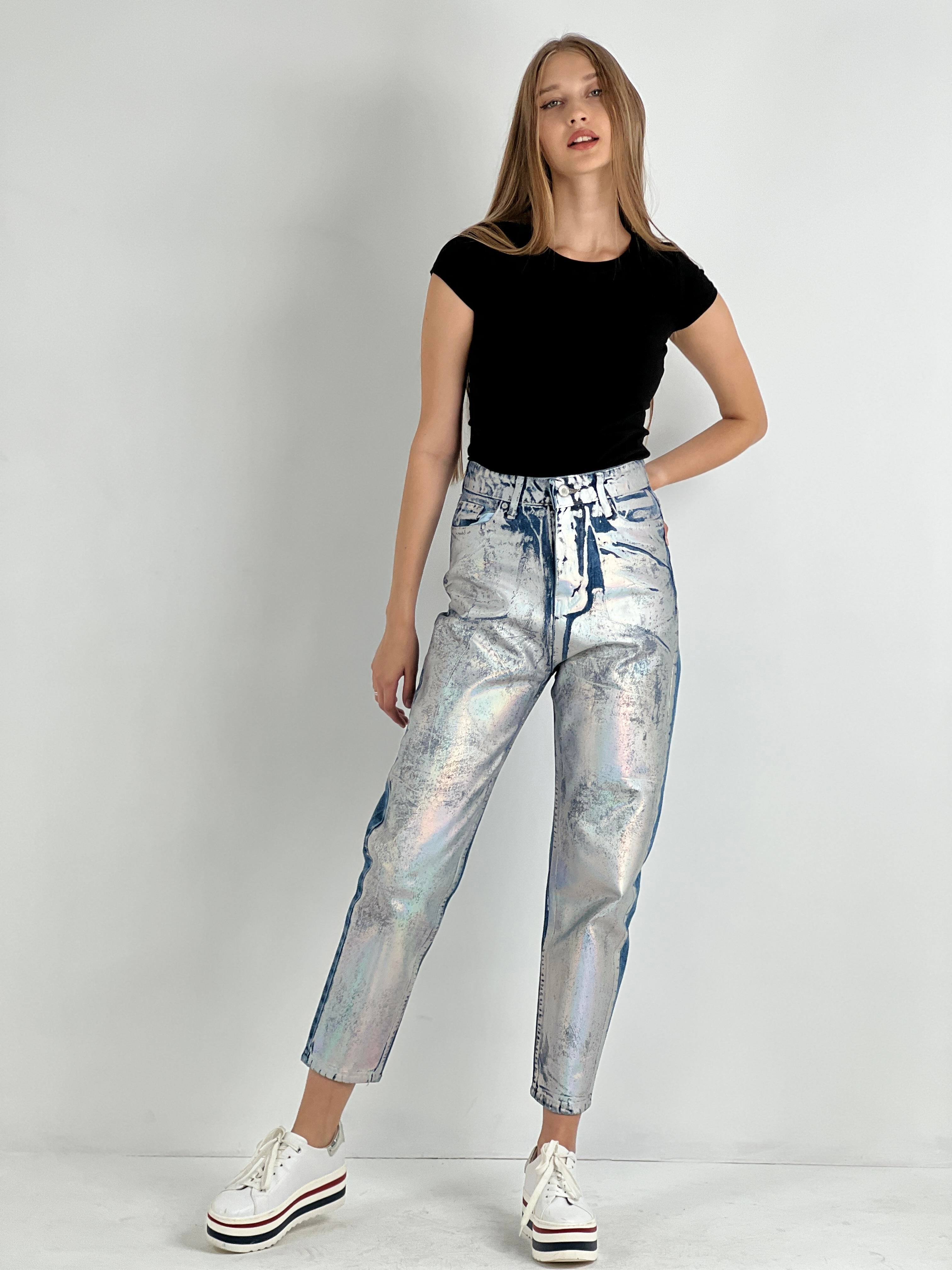 Kadın Varak Baskılı Mom Jean - Mavi-72738-19