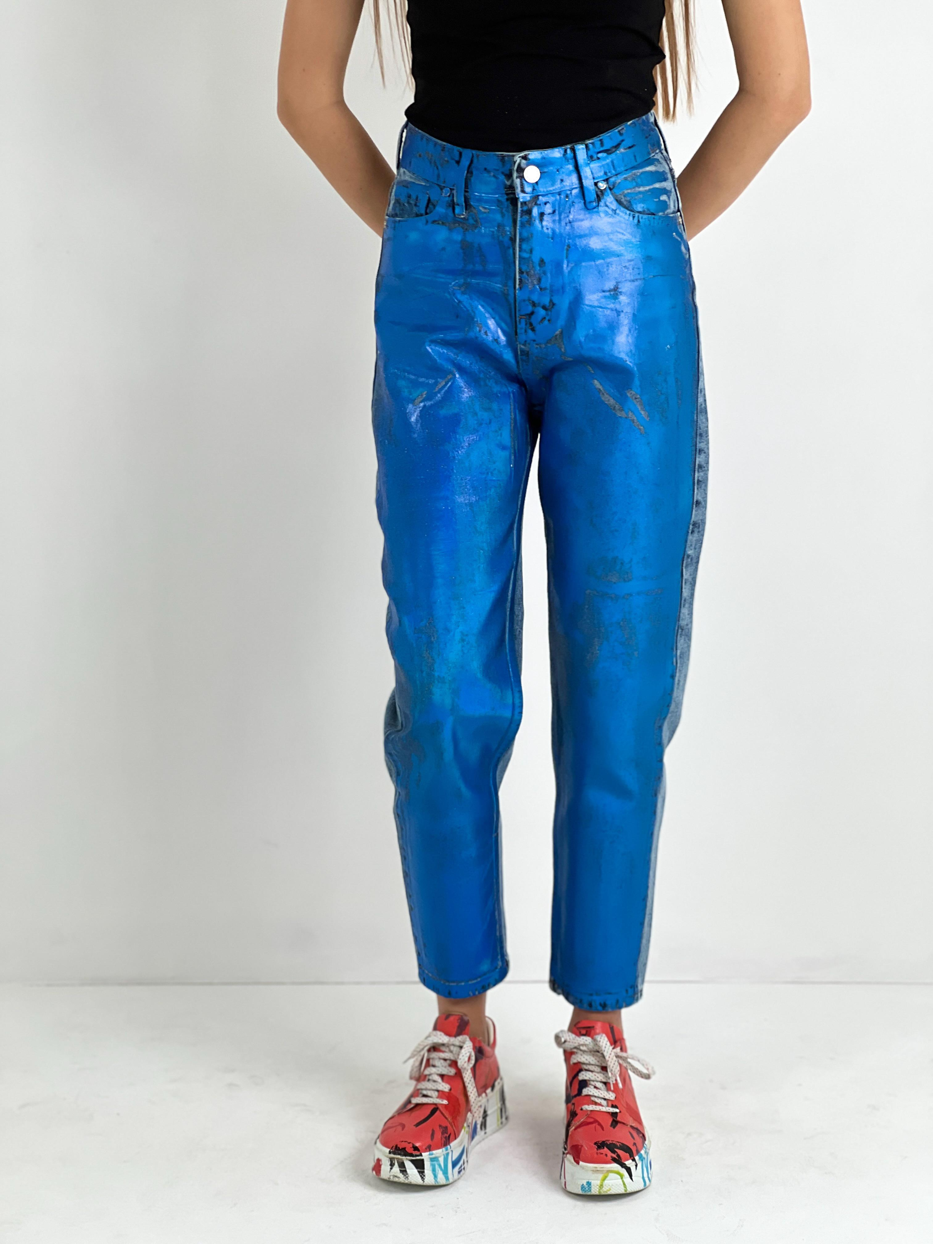 Kadın Varak Baskılı Mom Jean - Mavi-72738-19