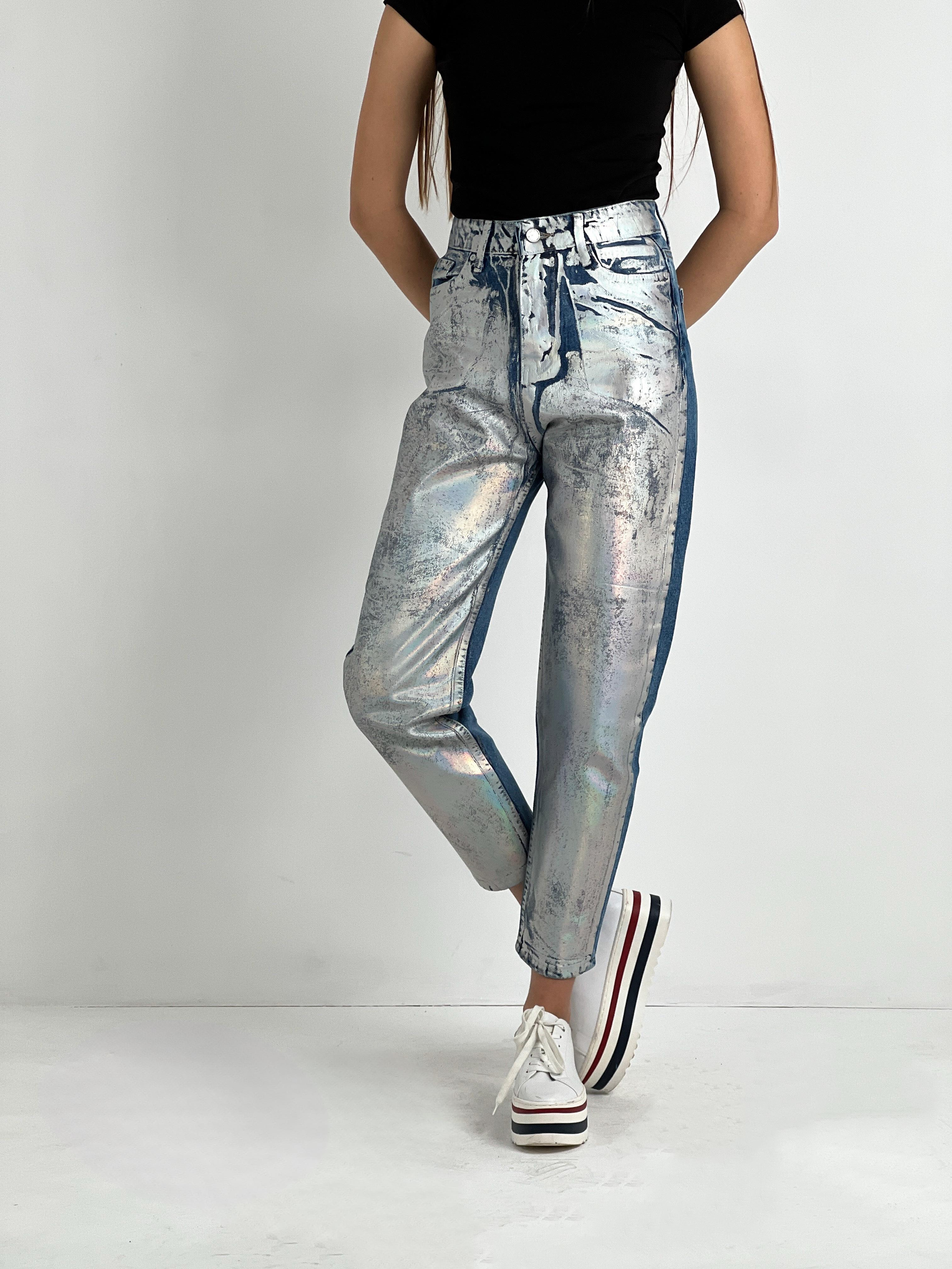 Kadın Varak Baskılı Mom Jean - Mavi-72738-19