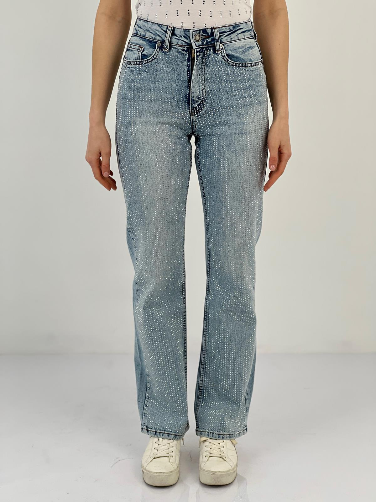 Kadın Wide Leg Önü Full Taşlı A.Mavi Jean Pantolon-75456-7-7327