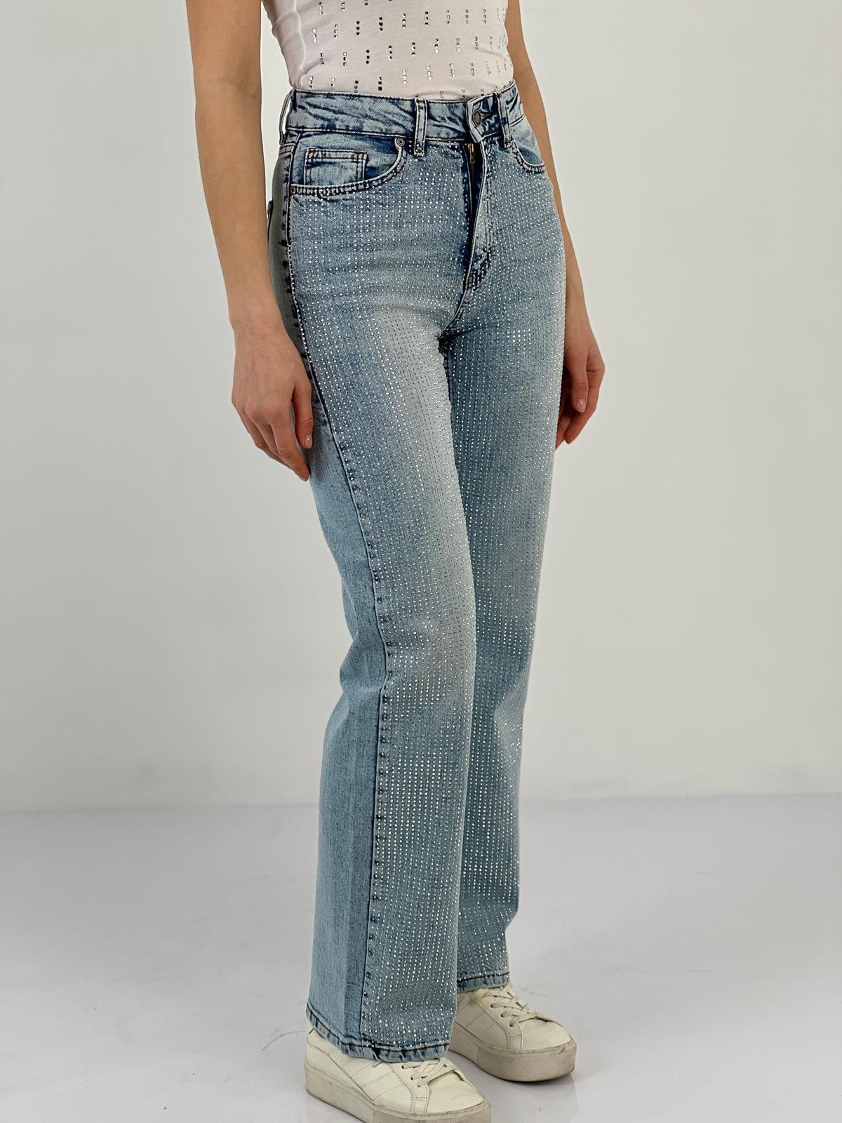 Kadın Wide Leg Önü Full Taşlı A.Mavi Jean Pantolon-75456-7-7327