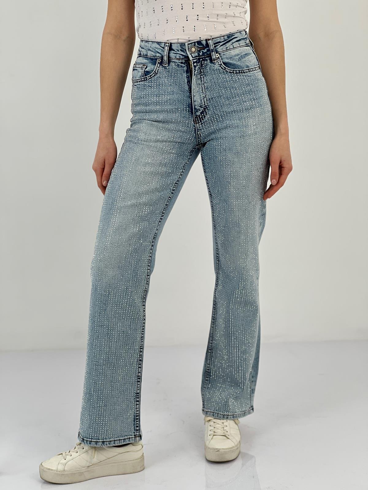 Kadın Wide Leg Önü Full Taşlı A.Mavi Jean Pantolon-75456-7-7327
