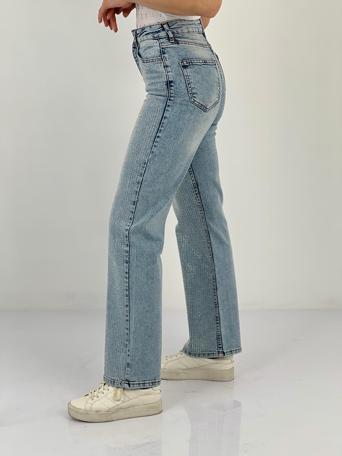 Kadın Wide Leg Önü Full Taşlı A.Mavi Jean Pantolon-75456-7-7327