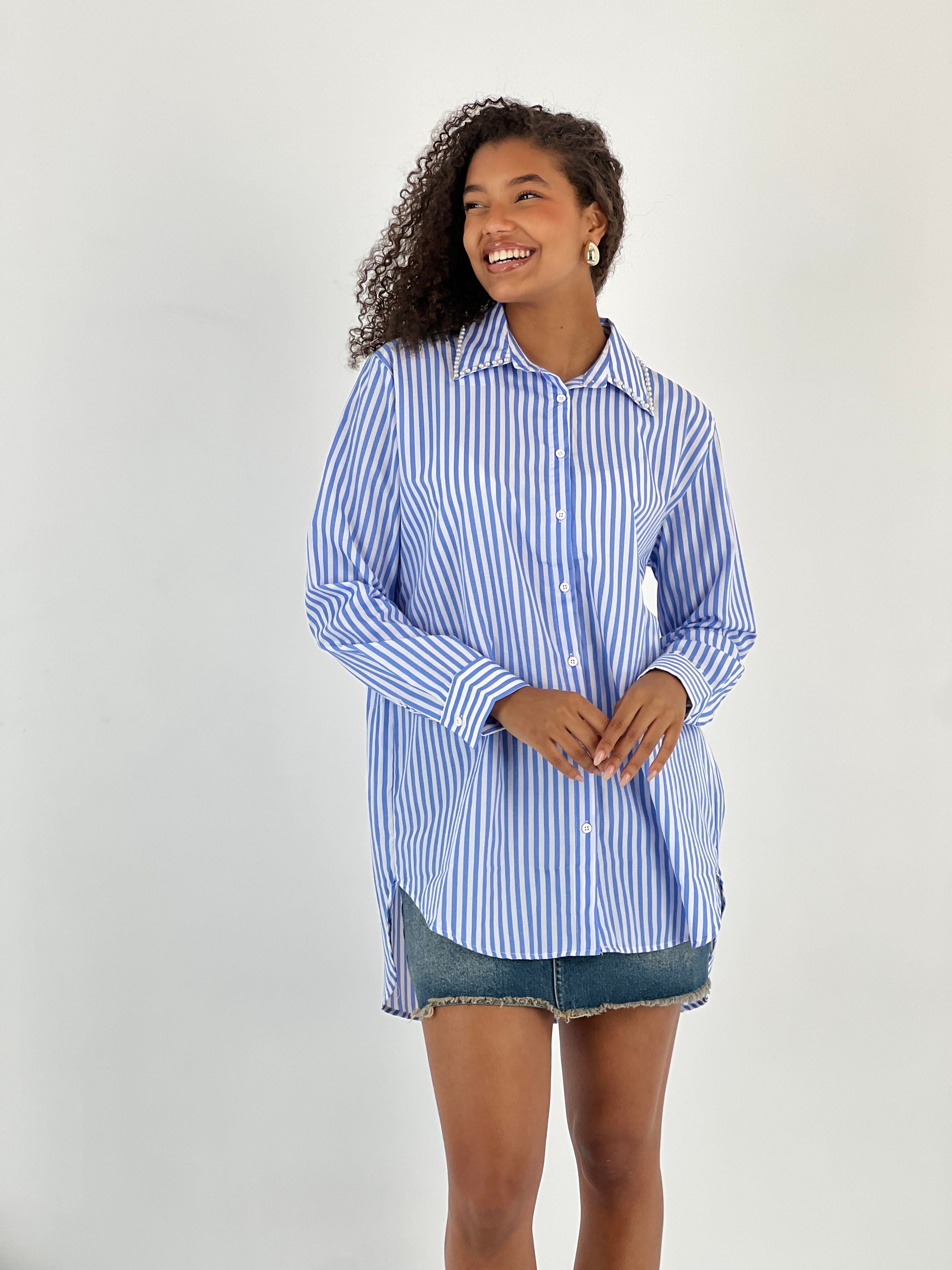 Kadın Yakası Taş Detaylı Mavi Gömlek-27347-X23