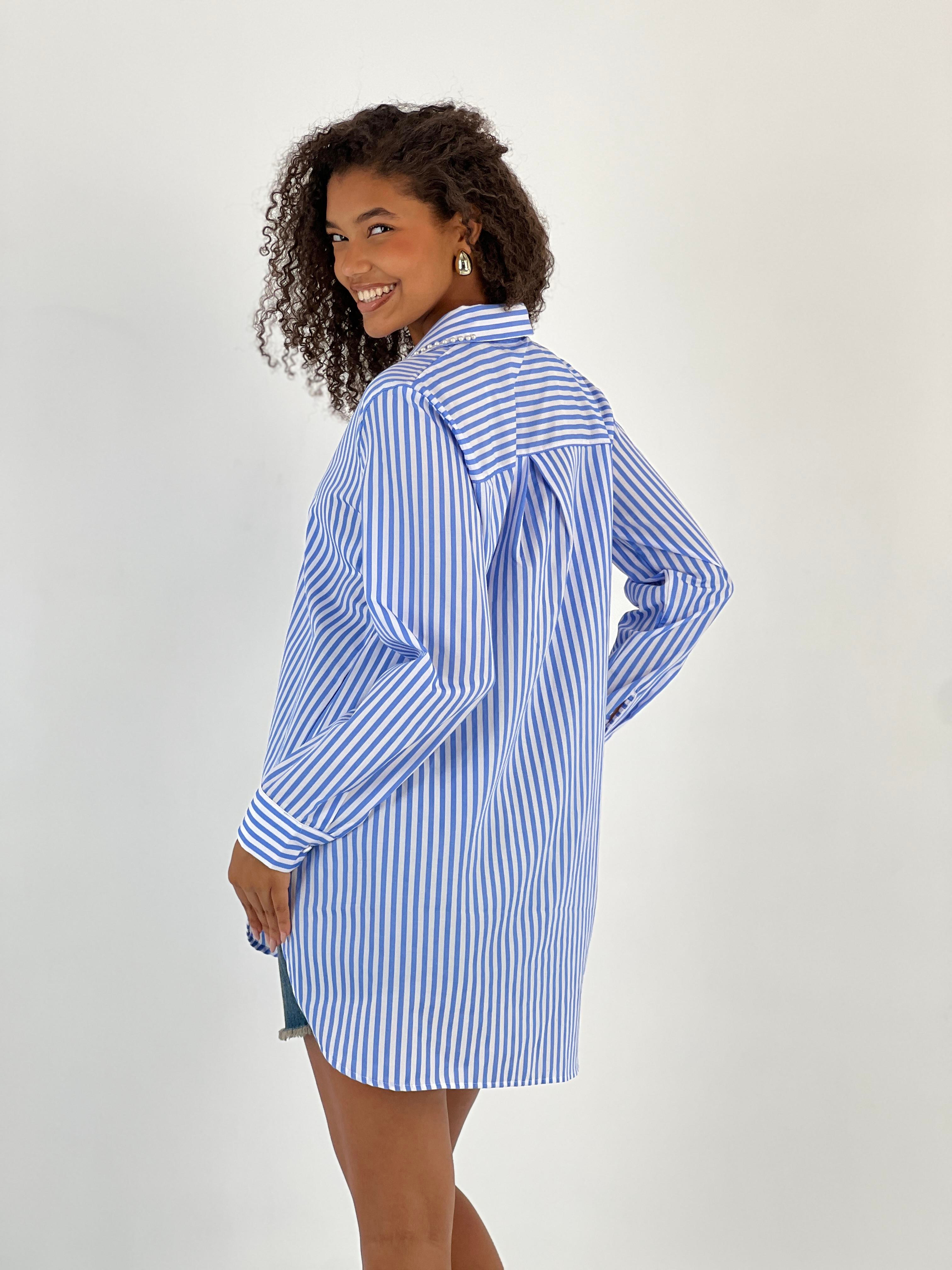 Kadın Yakası Taş Detaylı Mavi Gömlek-27347-X23