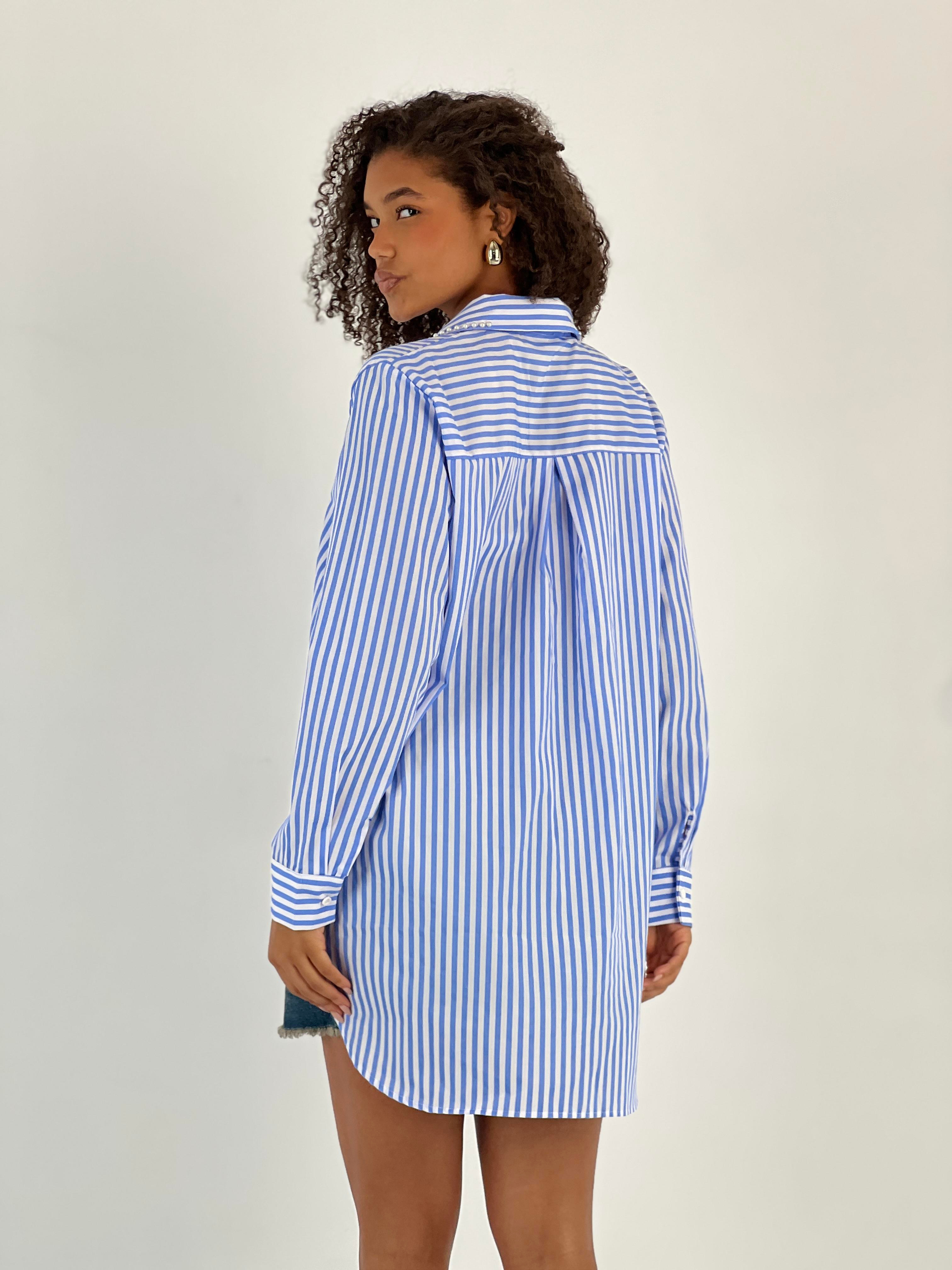 Kadın Yakası Taş Detaylı Mavi Gömlek-27347-X23