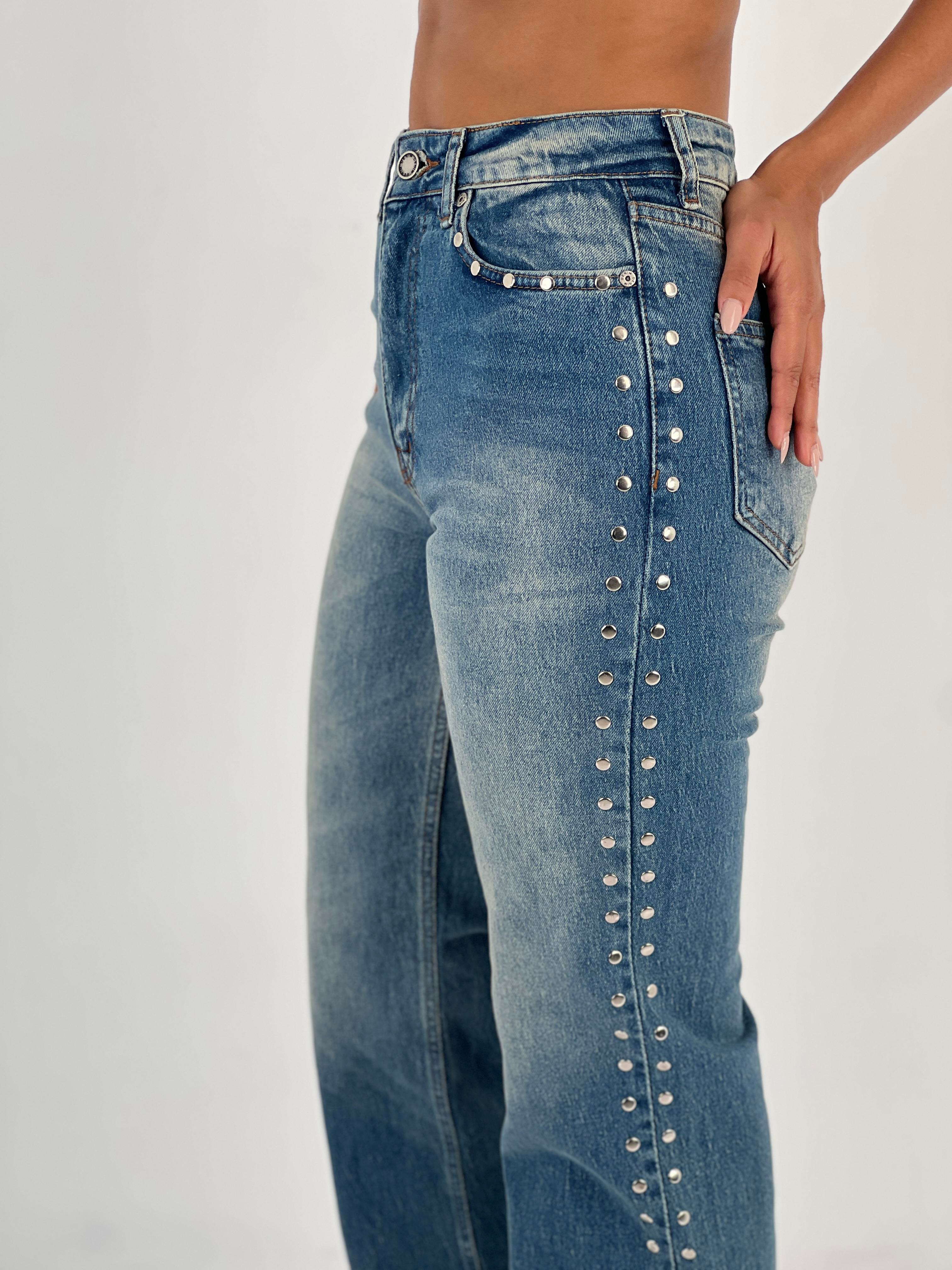 Kadın Yanları Taş Detaylı Düz Paça Mavi Jean Pantolon-75456-45