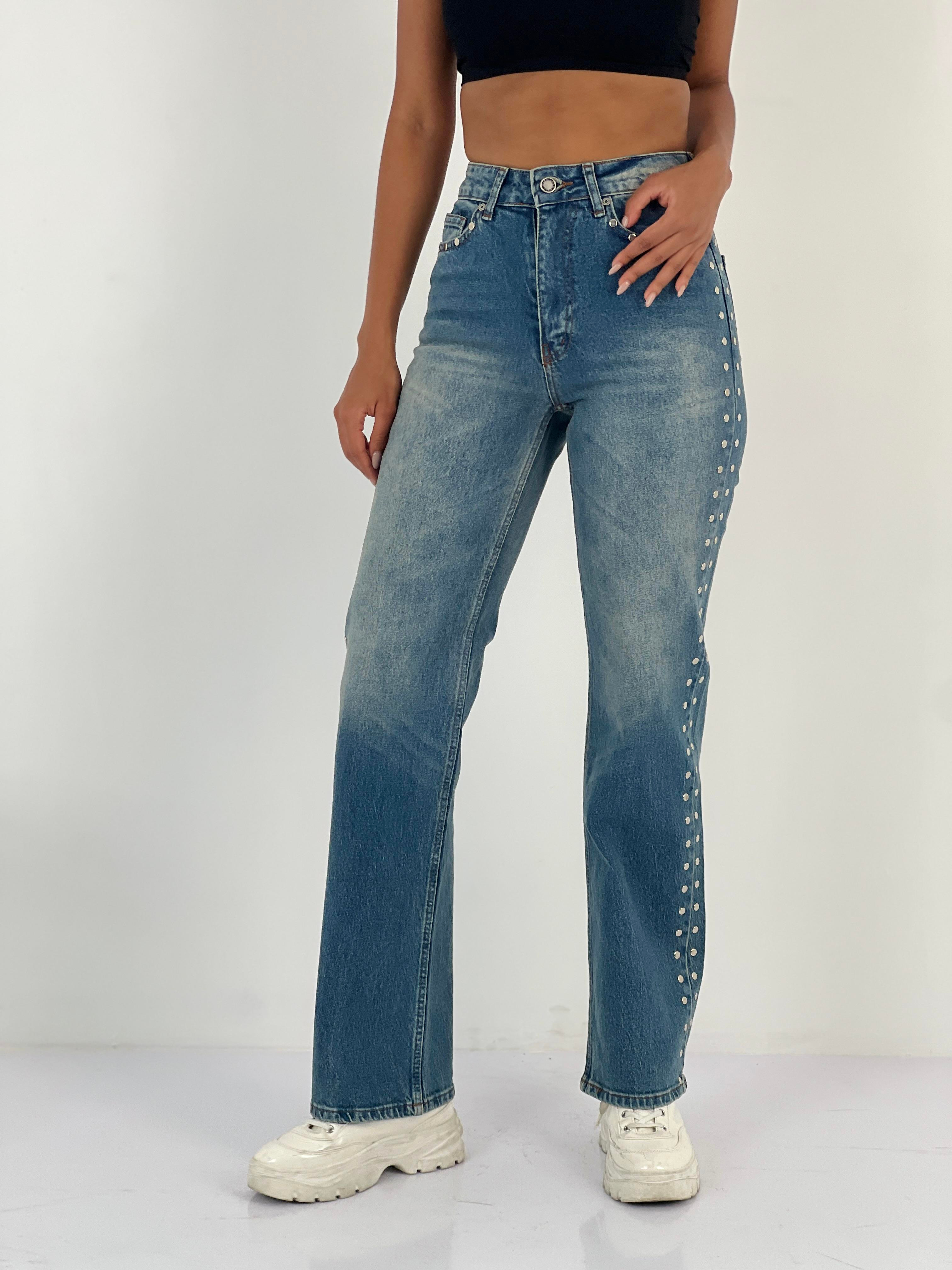 Kadın Yanları Taş Detaylı Düz Paça Mavi Jean Pantolon-75456-45