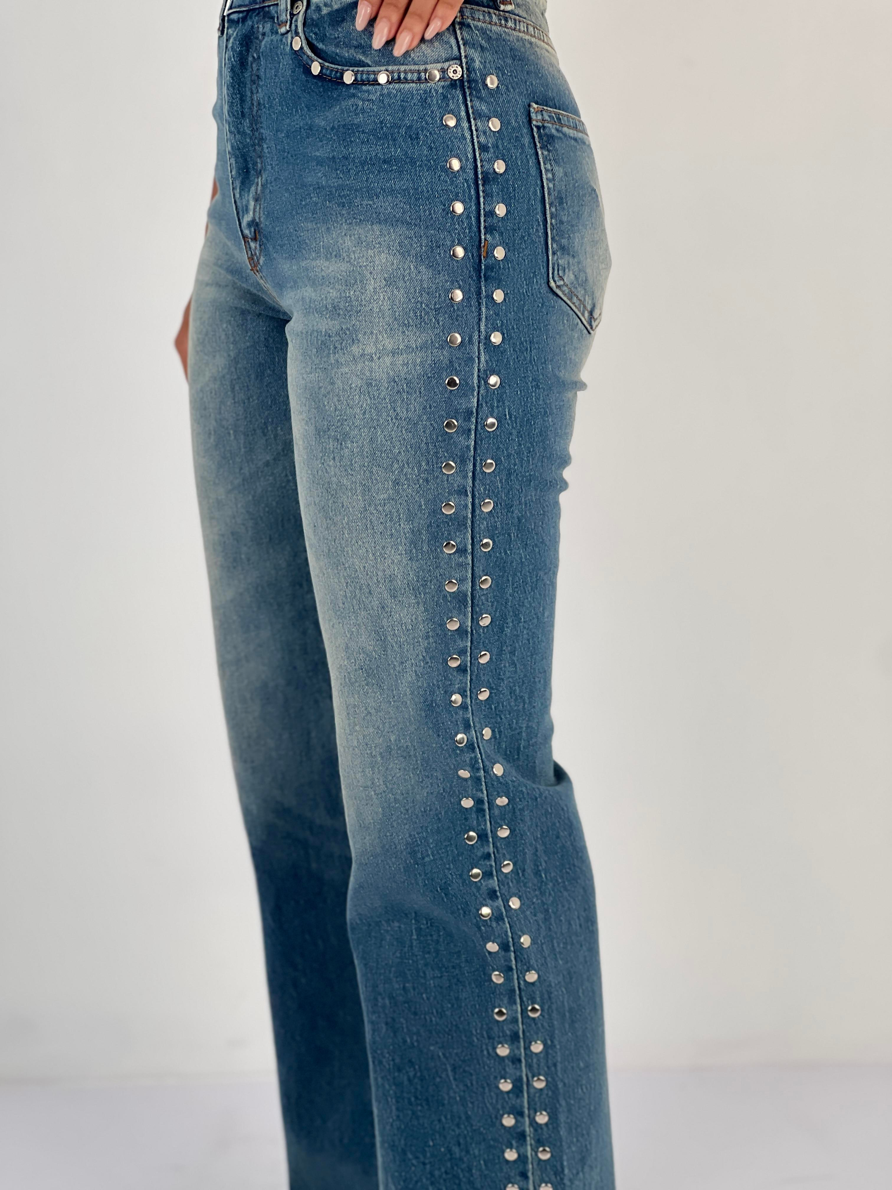 Kadın Yanları Taş Detaylı Düz Paça Mavi Jean Pantolon-75456-45