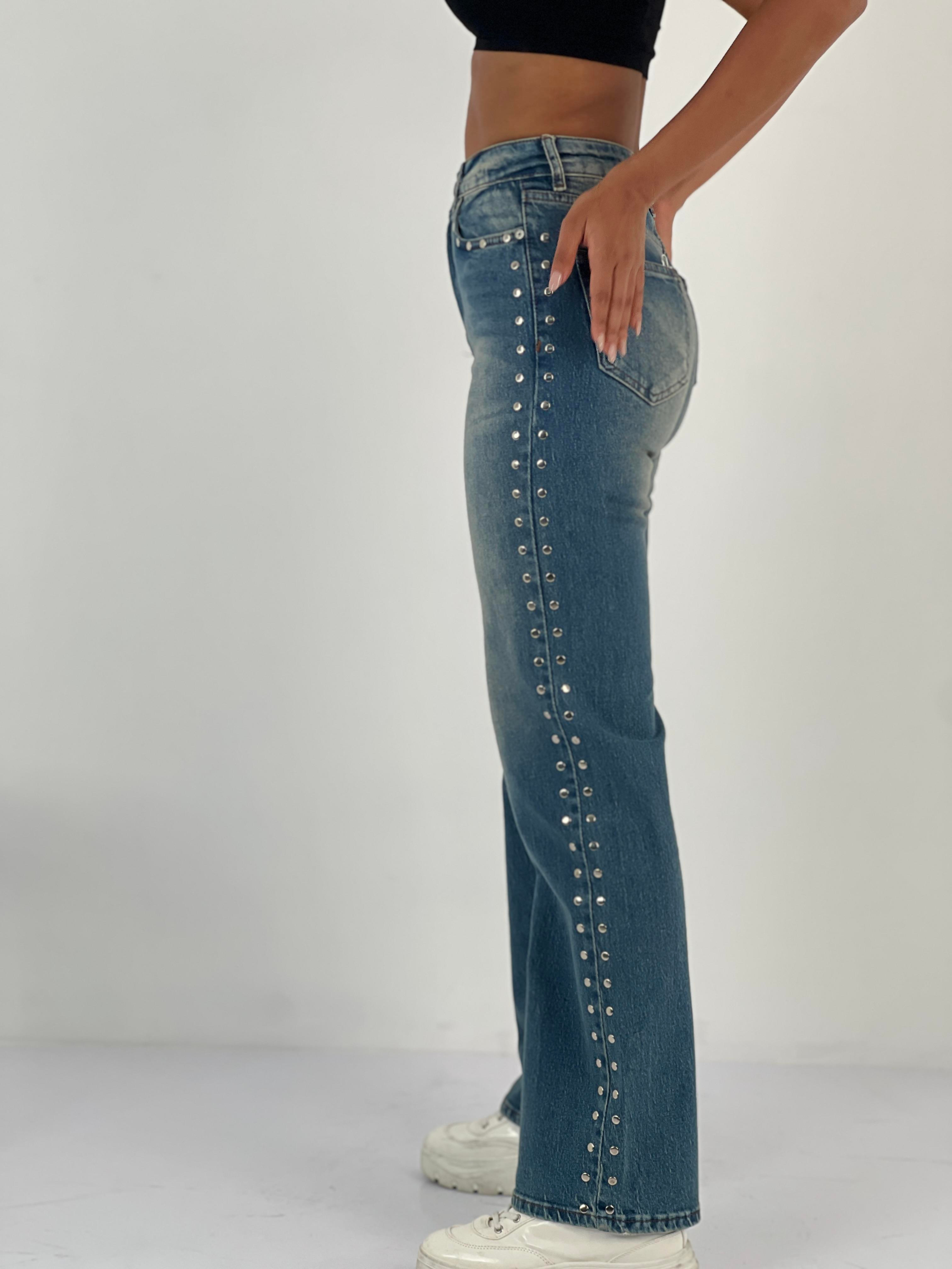 Kadın Yanları Taş Detaylı Düz Paça Mavi Jean Pantolon-75456-45