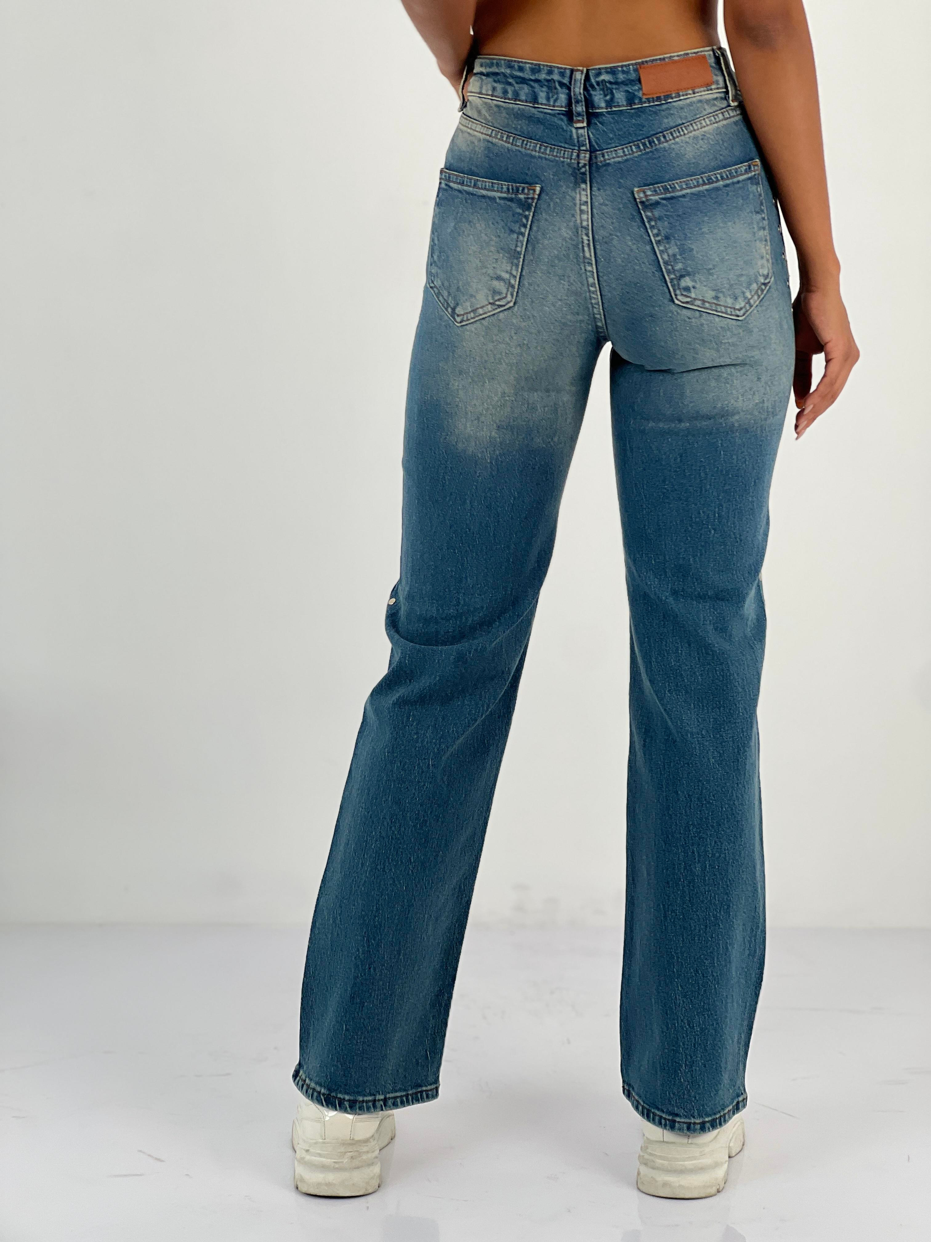 Kadın Yanları Taş Detaylı Düz Paça Mavi Jean Pantolon-75456-45