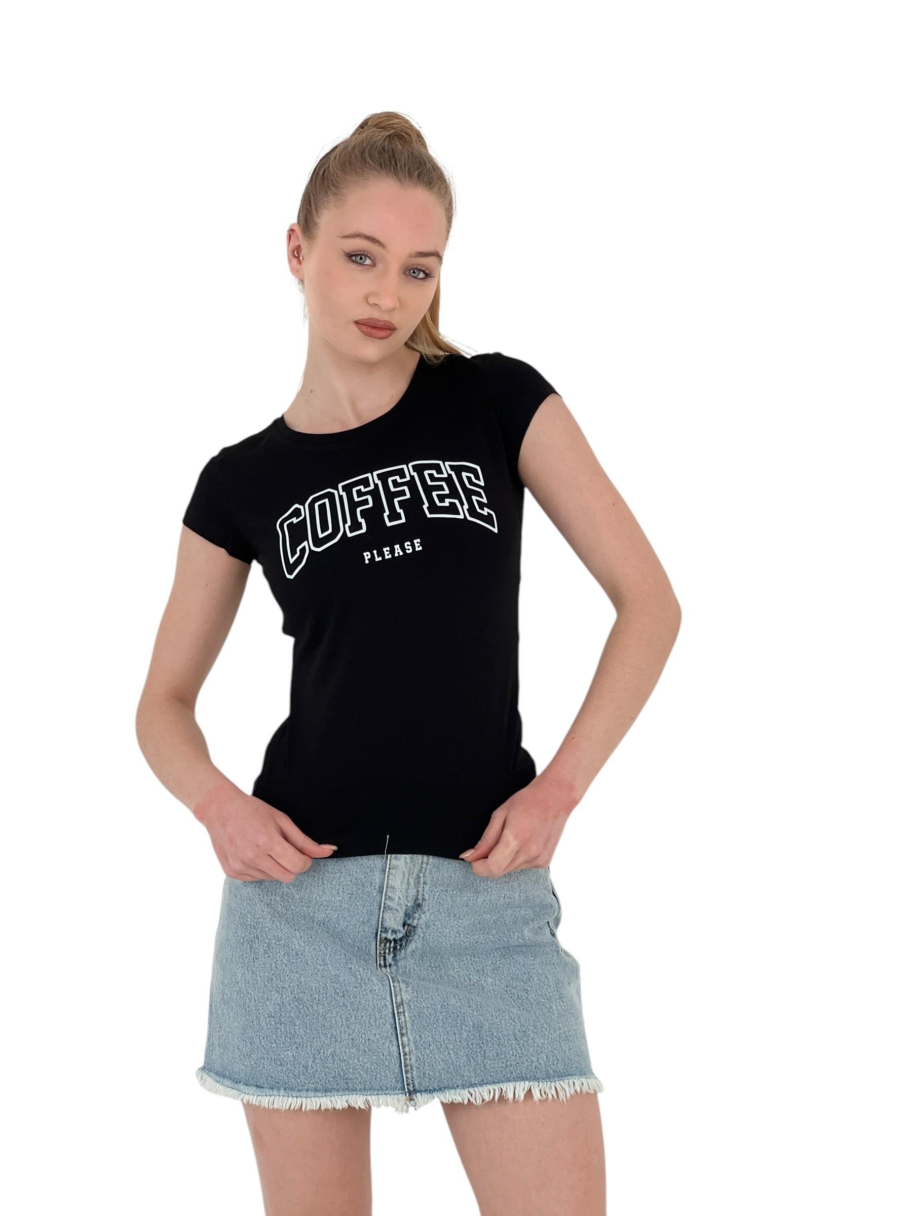 Kadın Yazlık Coffe Baskı Kısa Kol Dar Beyaz Tişört-1551135