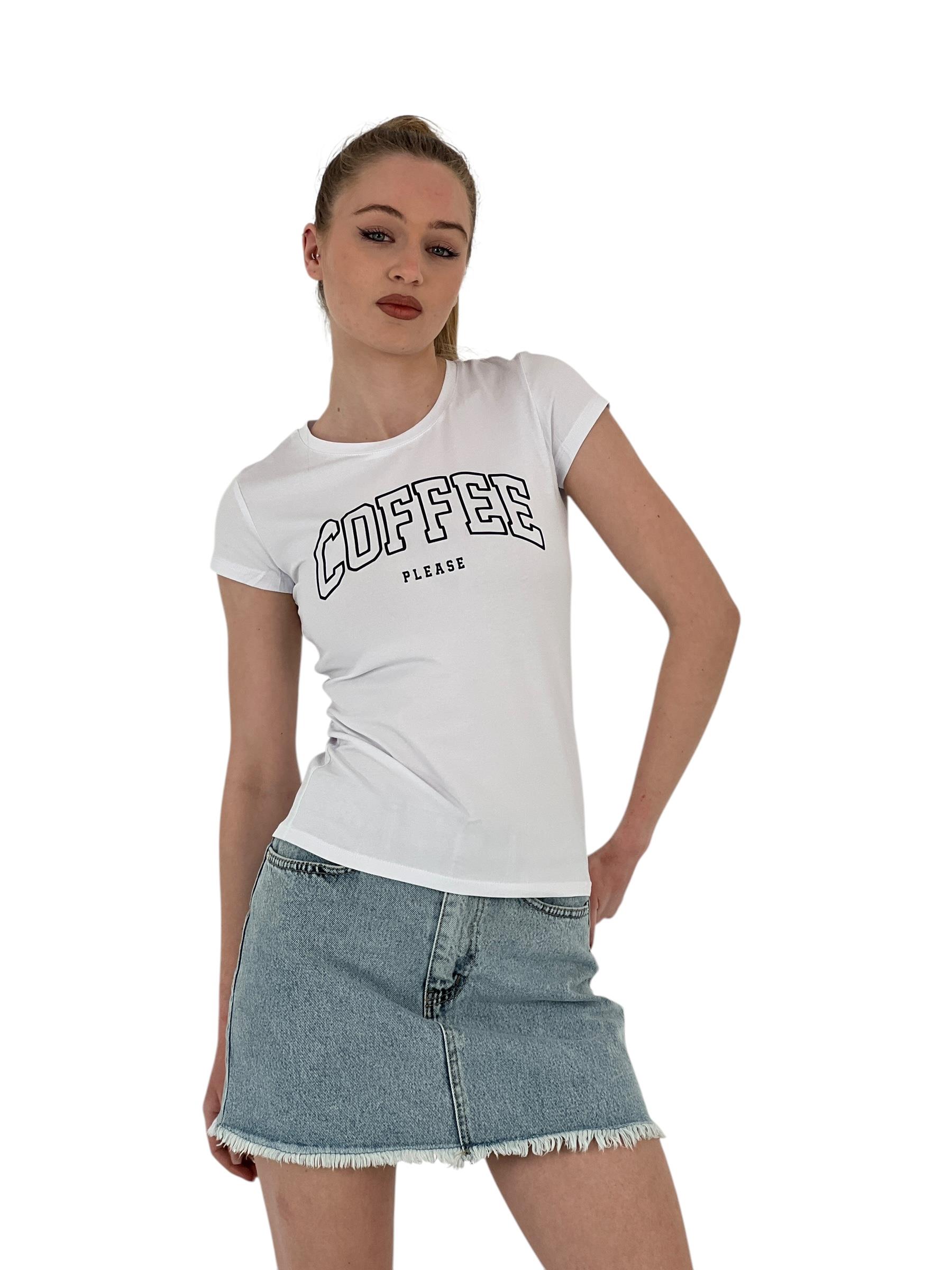 Kadın Yazlık Coffe Baskı Kısa Kol Dar Beyaz Tişört-1551135