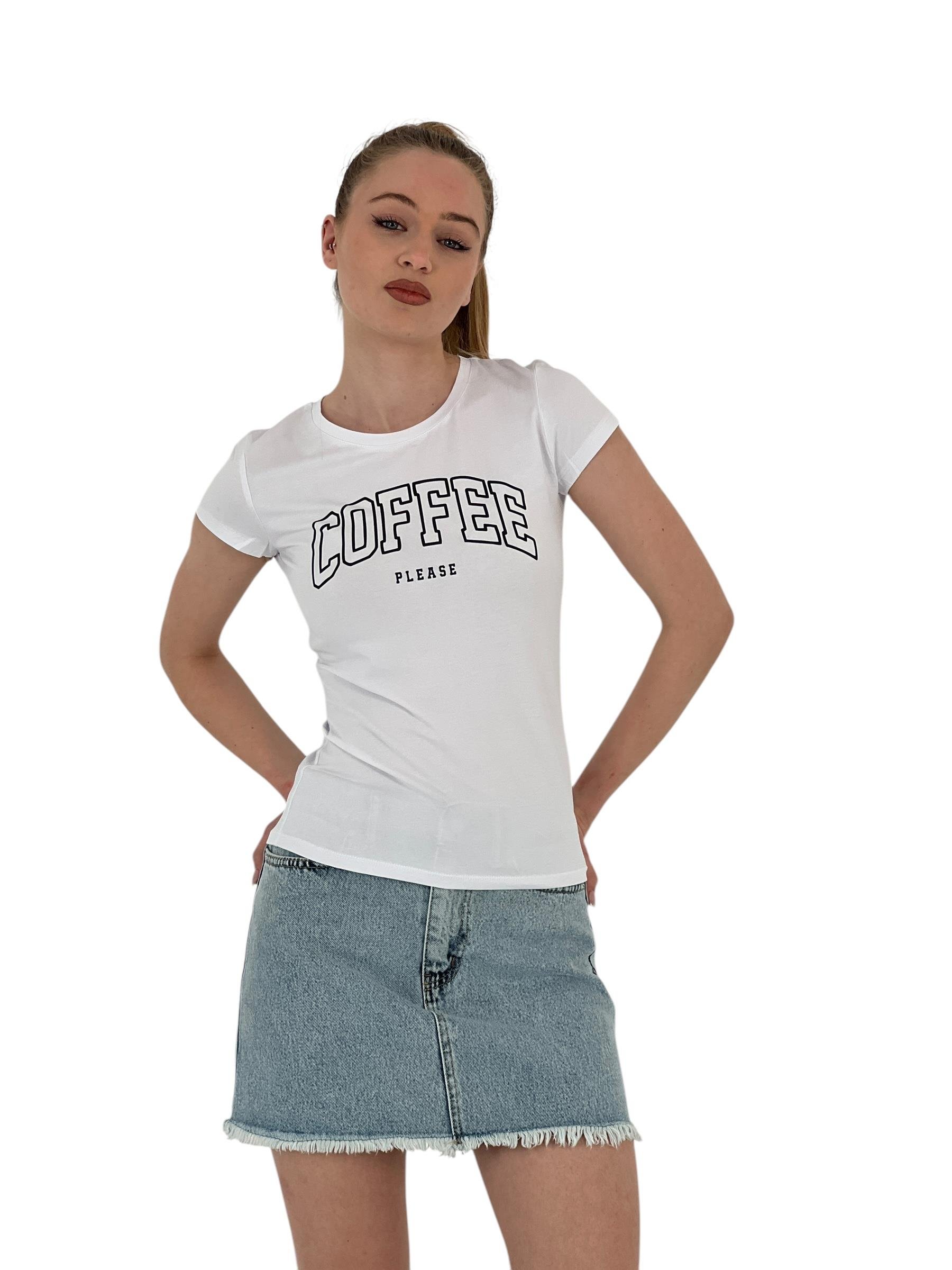 Kadın Yazlık Coffe Baskı Kısa Kol Dar Beyaz Tişört-1551135