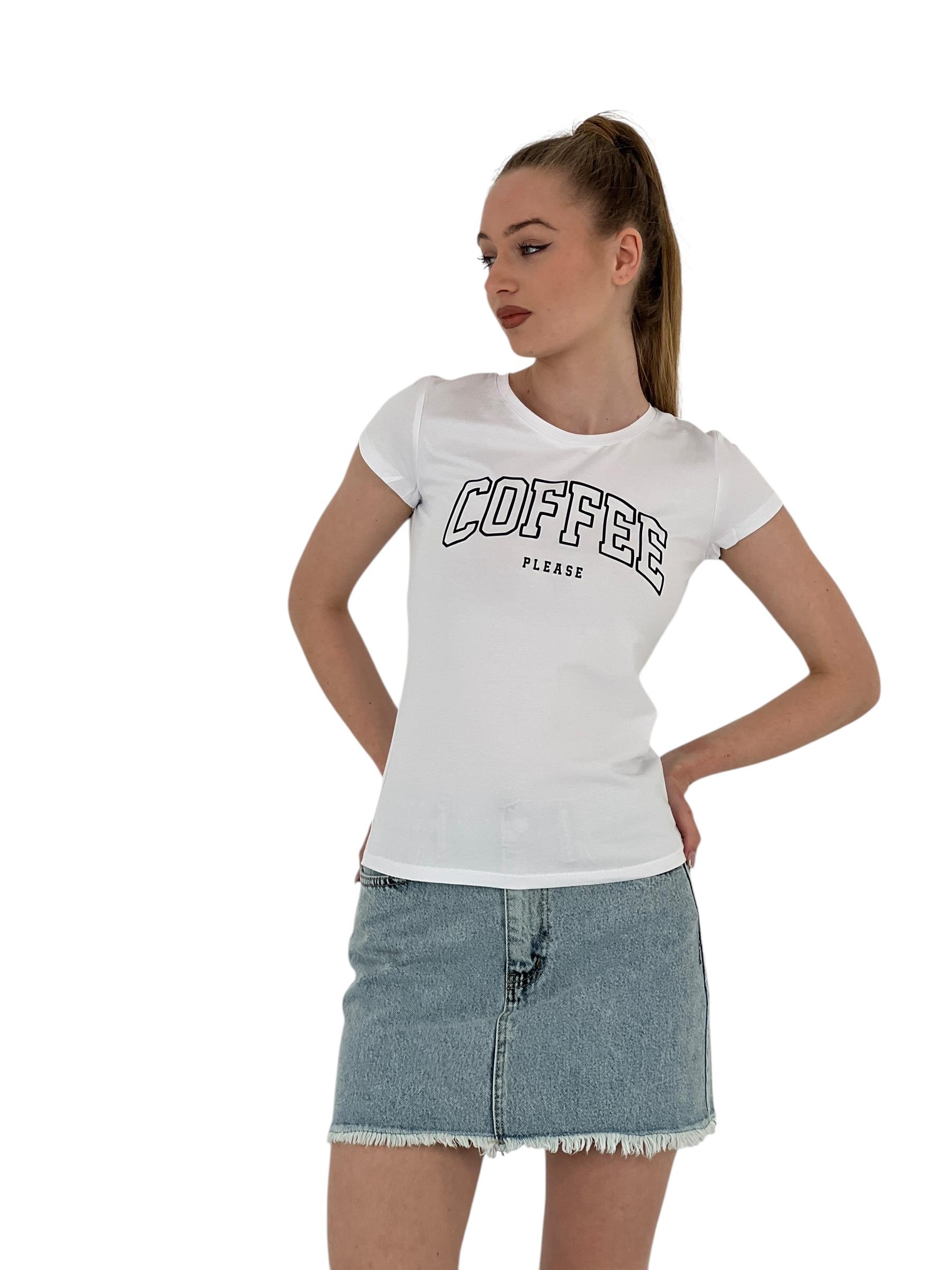 Kadın Yazlık Coffe Baskı Kısa Kol Dar Beyaz Tişört-1551135