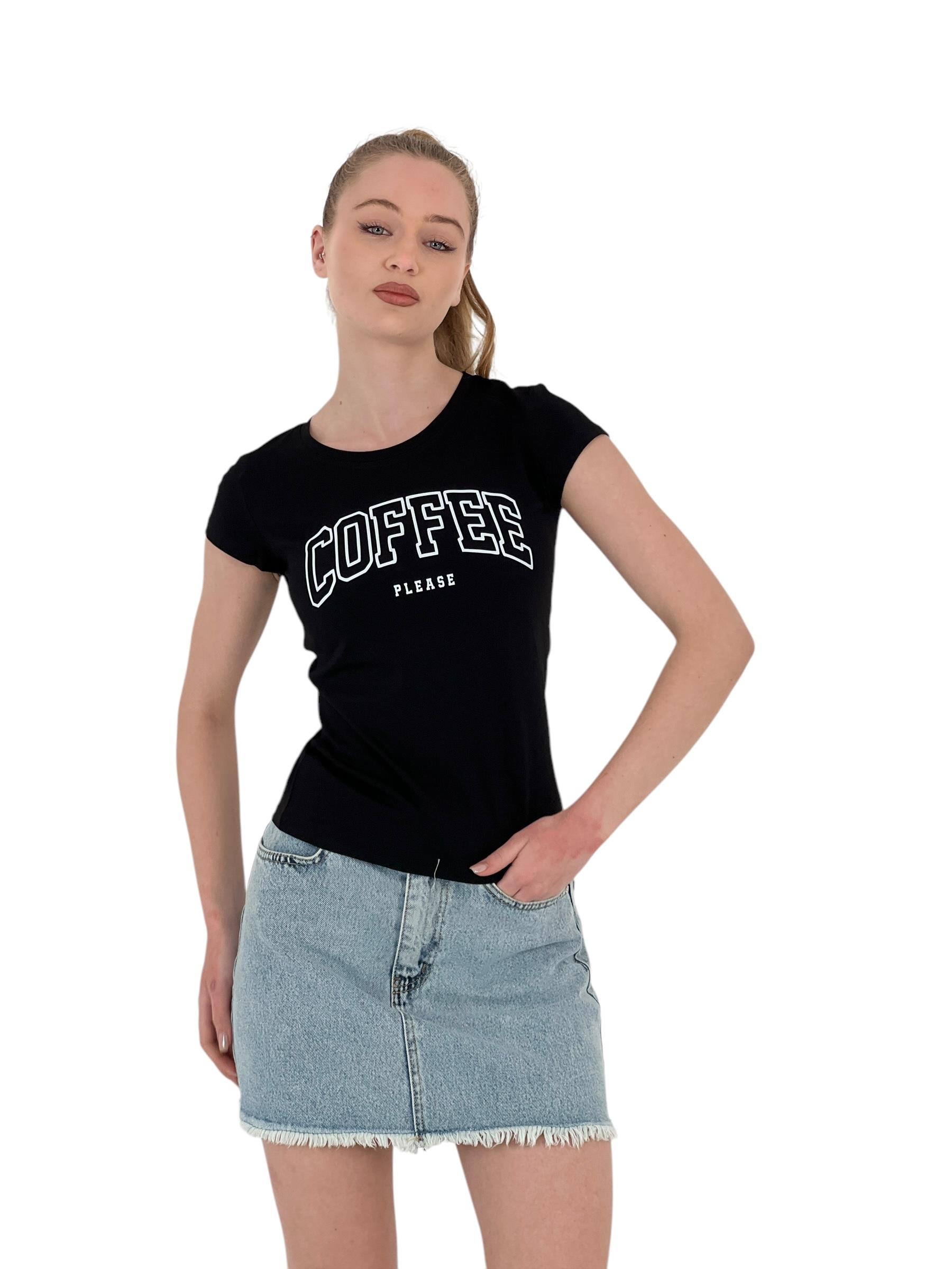 Kadın Yazlık Coffe Baskı Kısa Kol Dar Beyaz Tişört-1551135