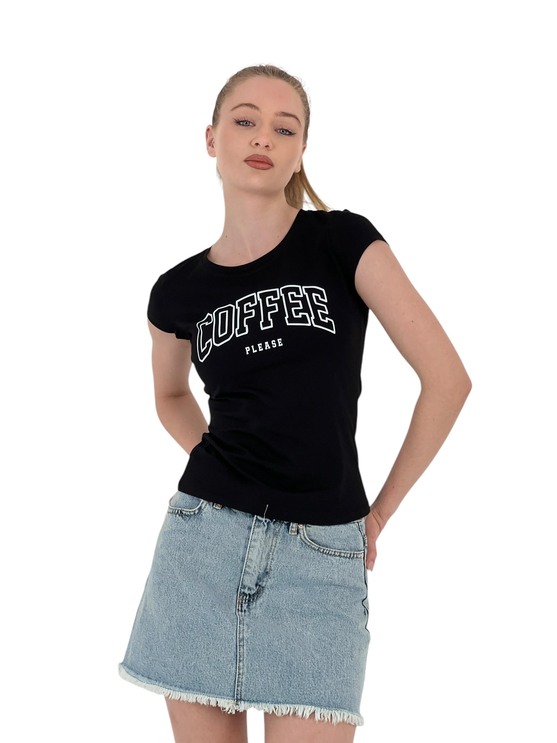 Kadın Yazlık Coffe Baskı Kısa Kol Dar Beyaz Tişört-1551135