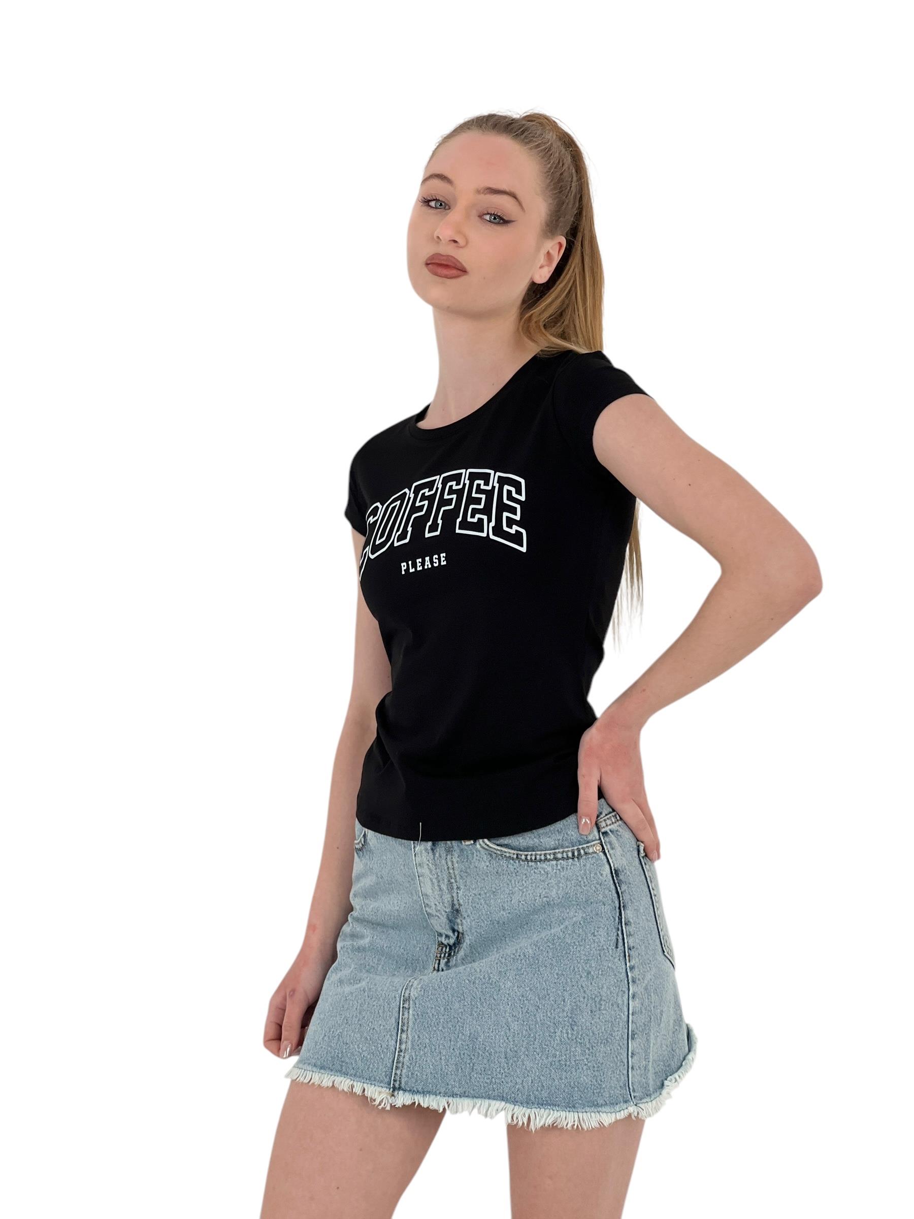 Kadın Yazlık Coffe Baskı Kısa Kol Dar Beyaz Tişört-1551135