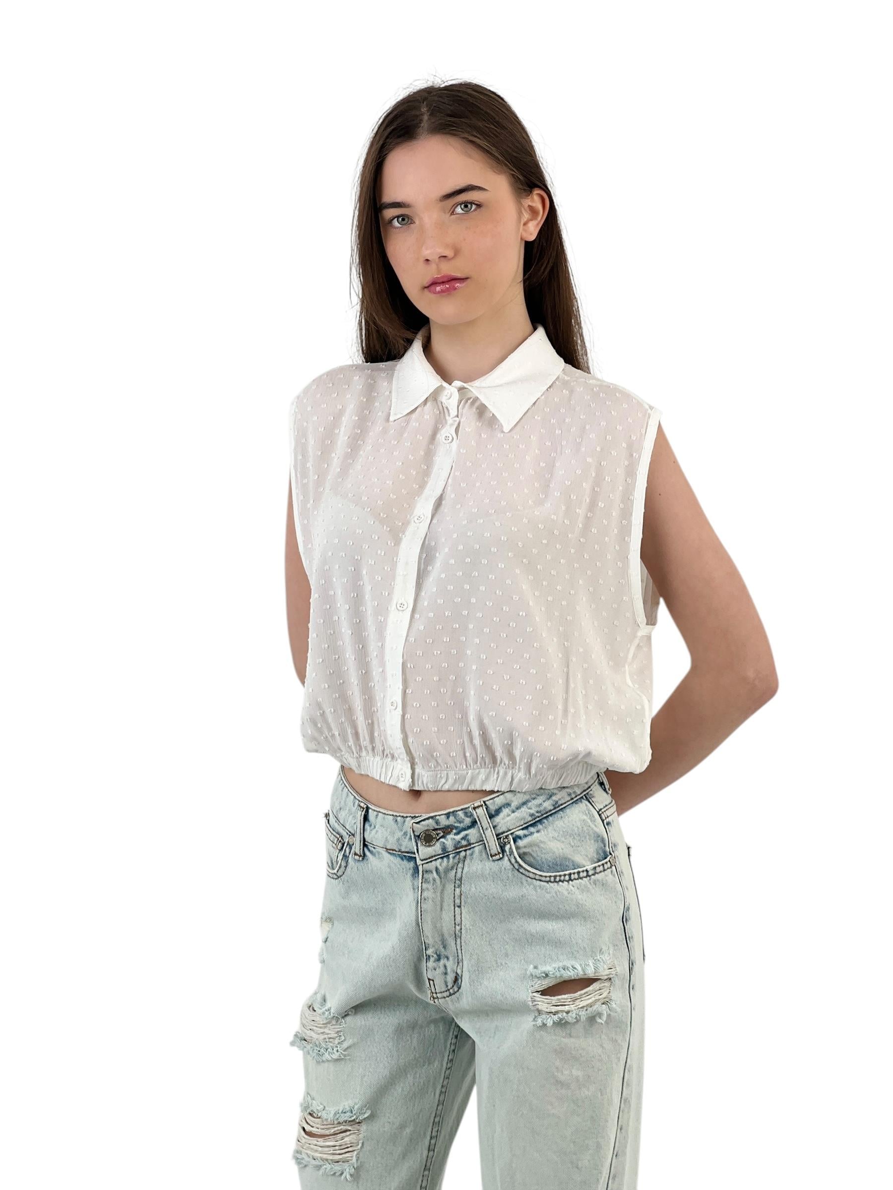 Kadın Yazlık Kolsuz Kısa Crop Lastikli Gömlek-27373