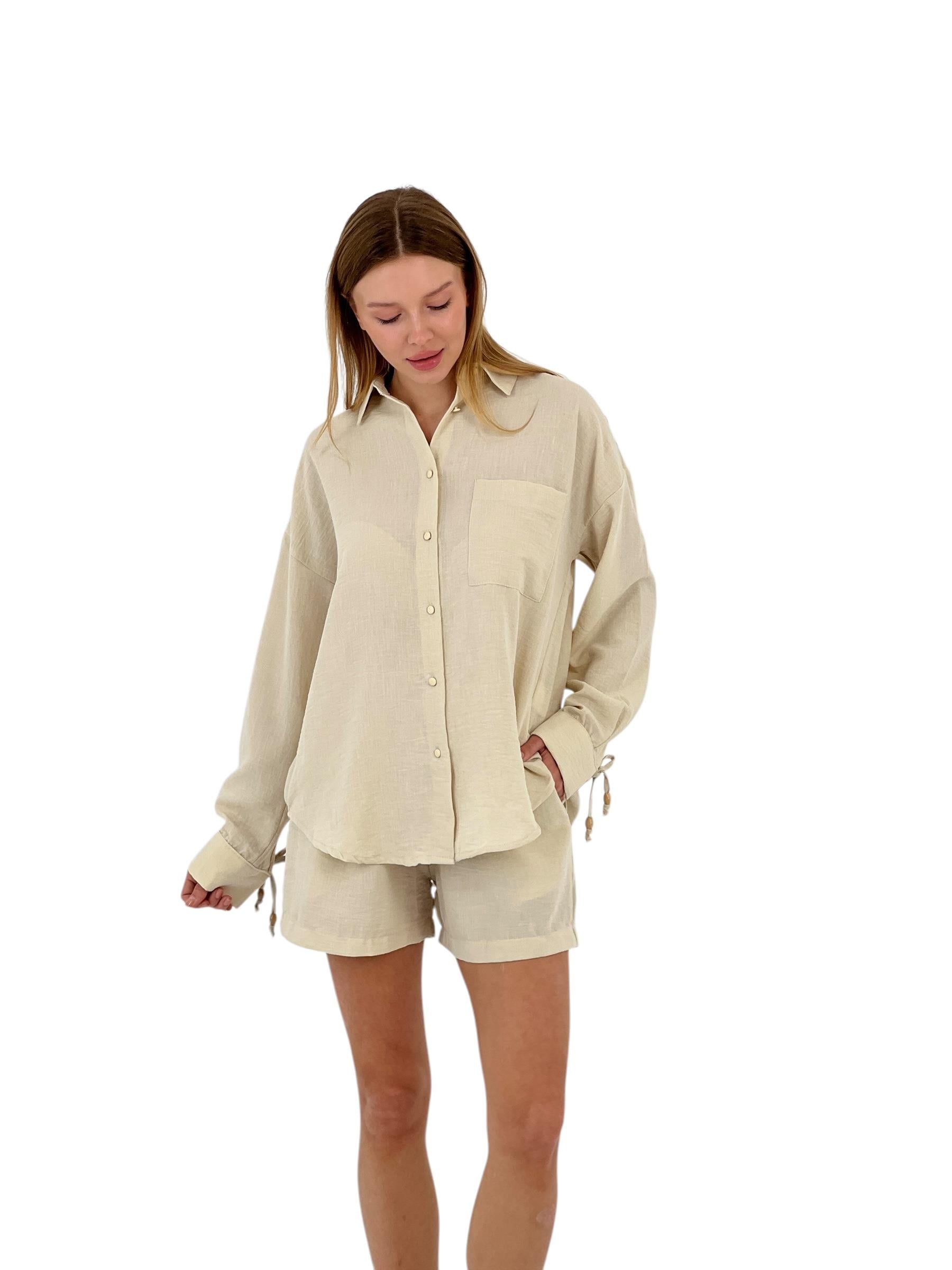 Kadın Yazlık Oversize Gömlek Mini Şort Alt Üst İkili Takım-63303